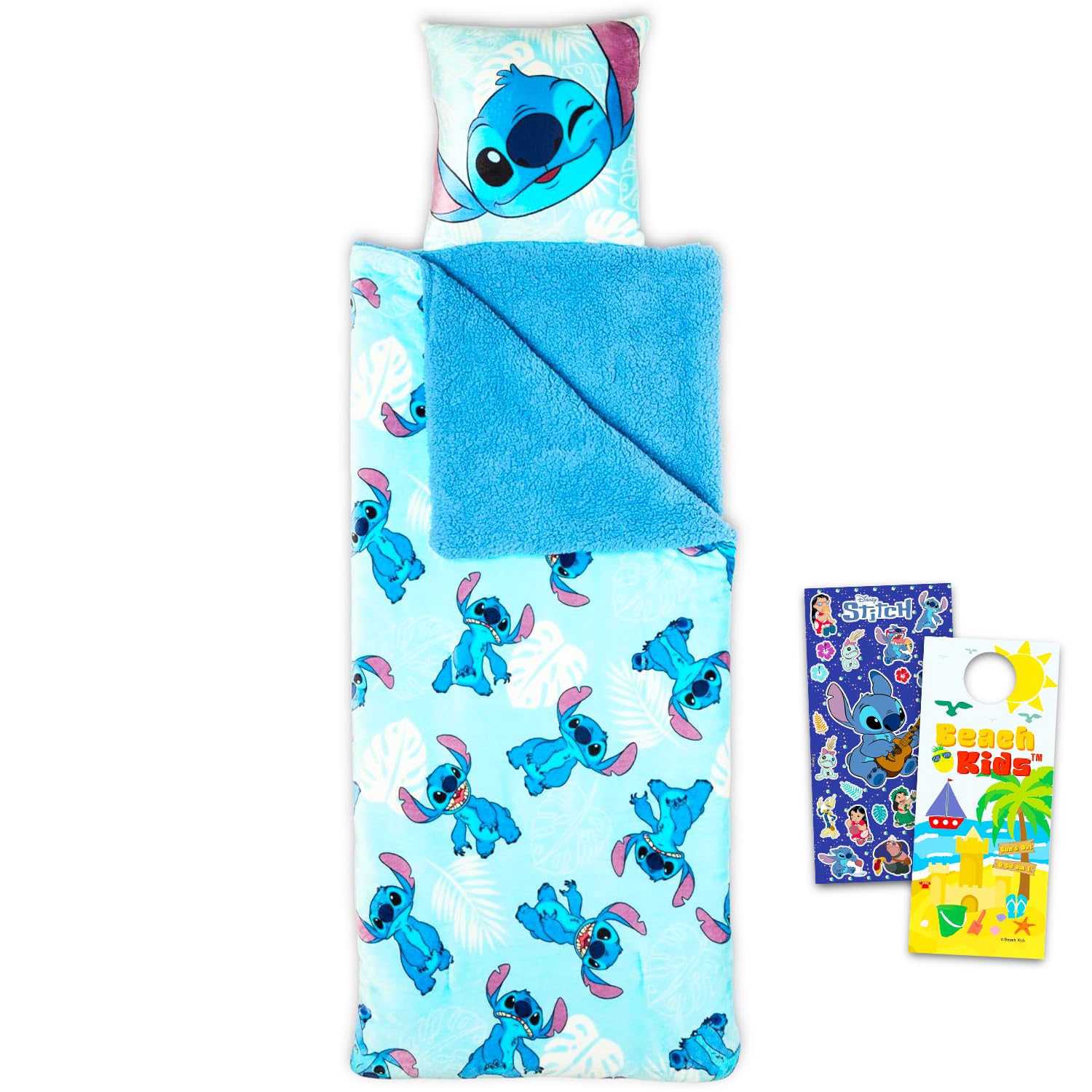 Stitch Sleeping Bag Set - Bundle with 27" x 26" Disney Slumber Bag with Attached Pillow Plus Stickers, More | Lilo and Stitch Camping and Sleepover