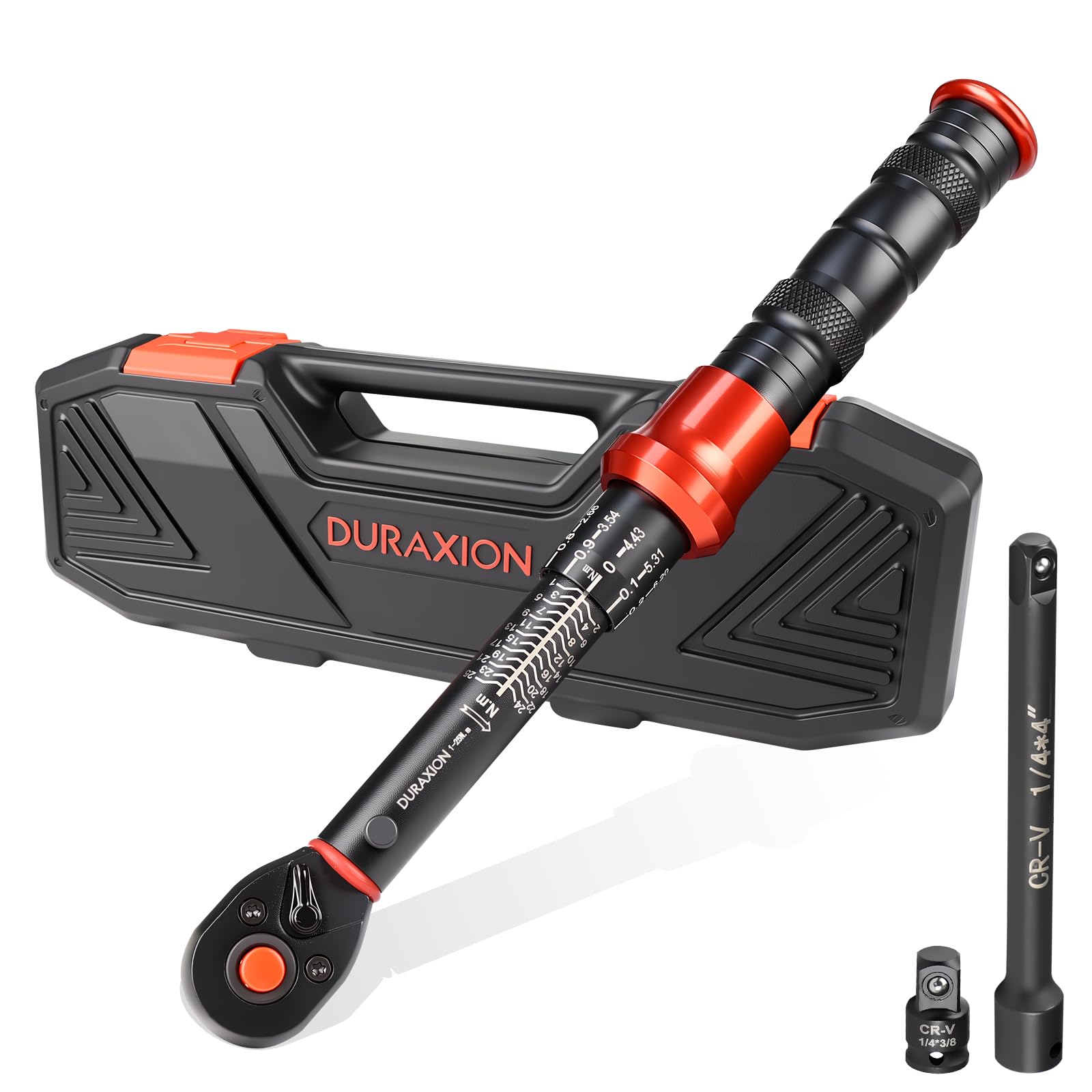 DURAXION 1/4インチトルクレンチ 自転車 セット 3点組 レッド ロードバイク用 トルクレンチ プレセット型 差込角6.35 mm 1-25N.m バイク トルクレンチ 機械の整備 高精度 正方向±3％ 逆方向±5％ 見やすいダブル目盛り 左右回転 72ギア 5°送り角 快速着脱 見やすいボタン CRV材質ソケット 手動 機械式 軽量 校正証明書 日本語取扱説明書 収納ケース付き