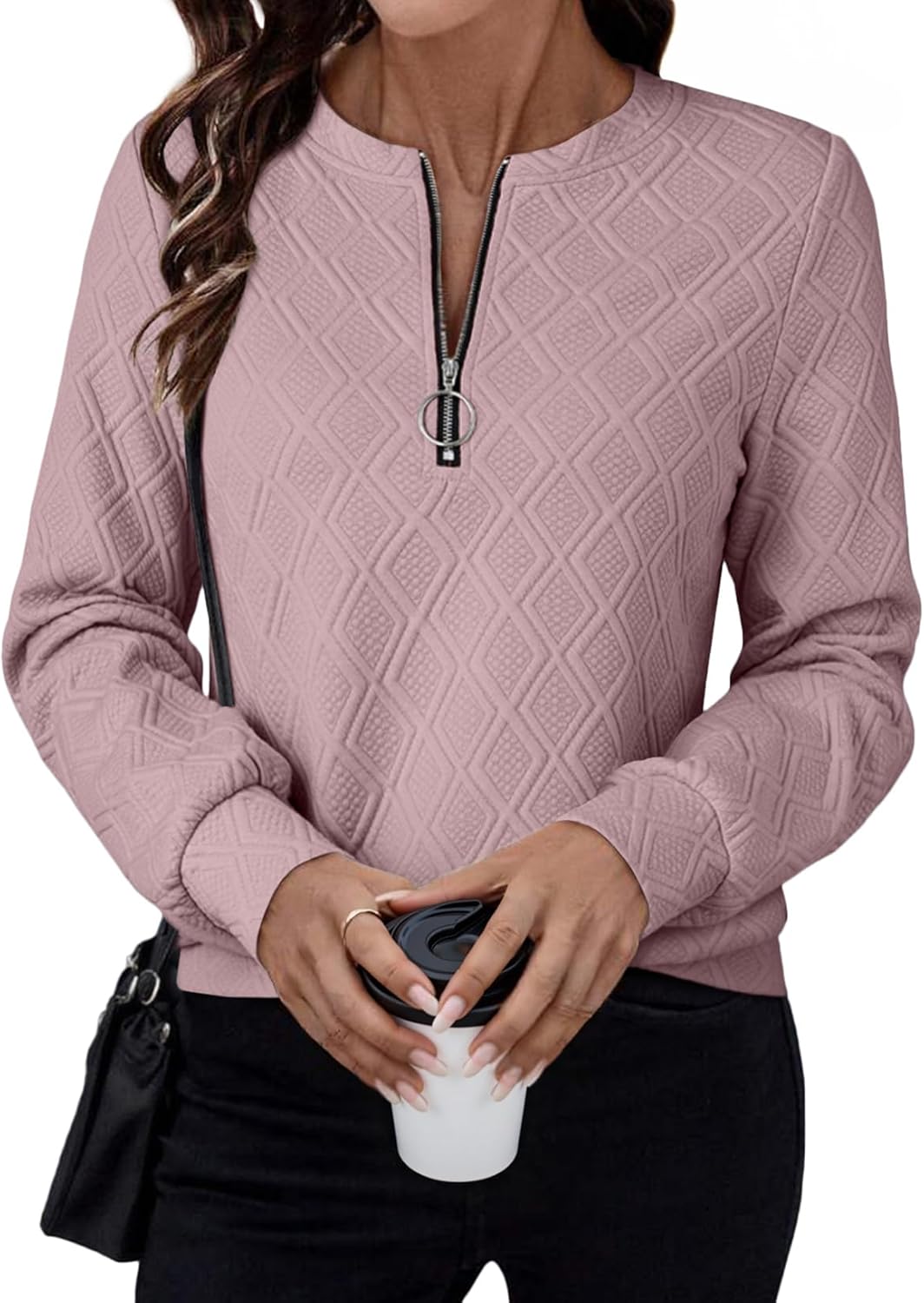BLENCOT Sweatshirts for Women Crew Neck Long Sleeve Half Zip Quilted Pullover Tops Textured Solid Casual Fashion Fall Tops