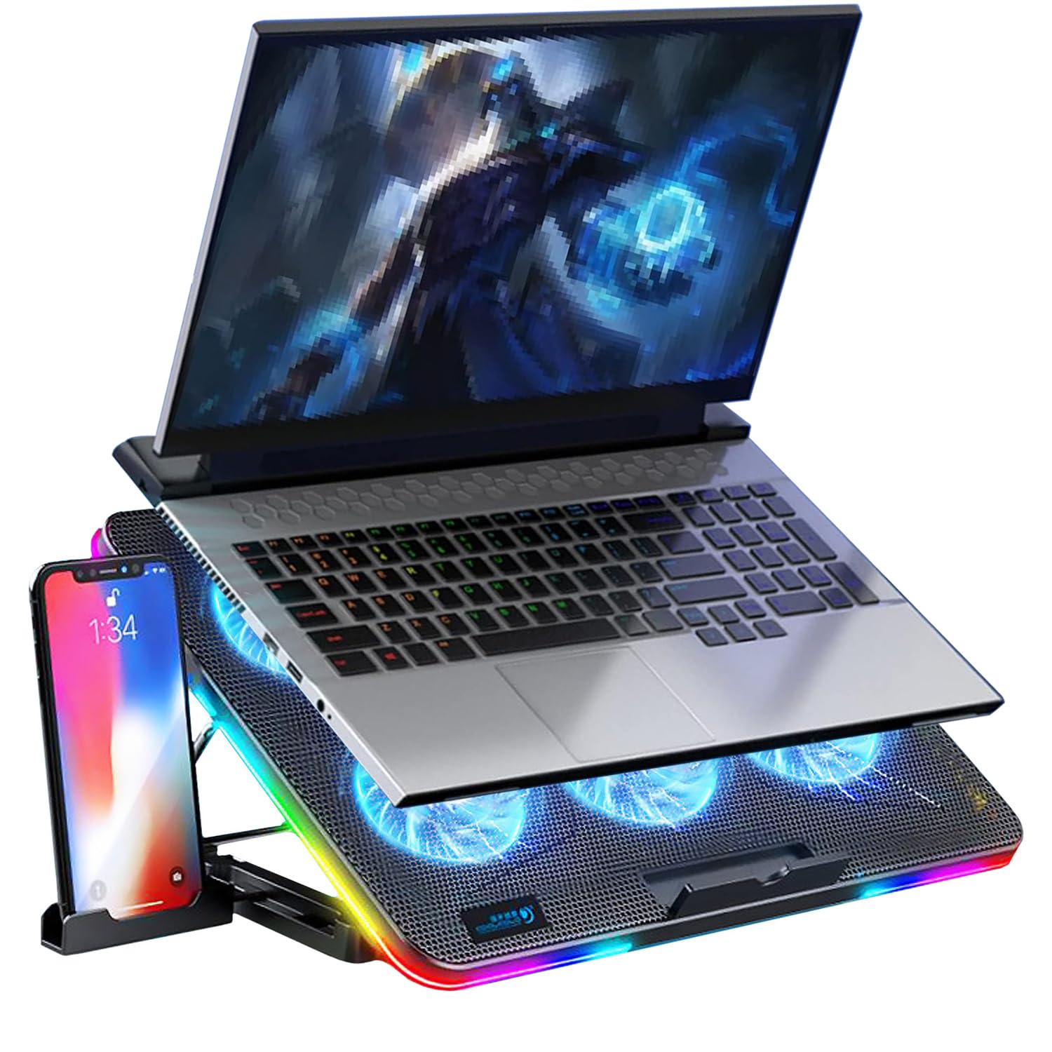Laptop Gaming Base Raffreddamento Con RGB - 6 Ventole, 8 Altezze Regolabili, Supporto Telefono, Per 15.6-17.3 Pollici 6 Ventole LED Blu