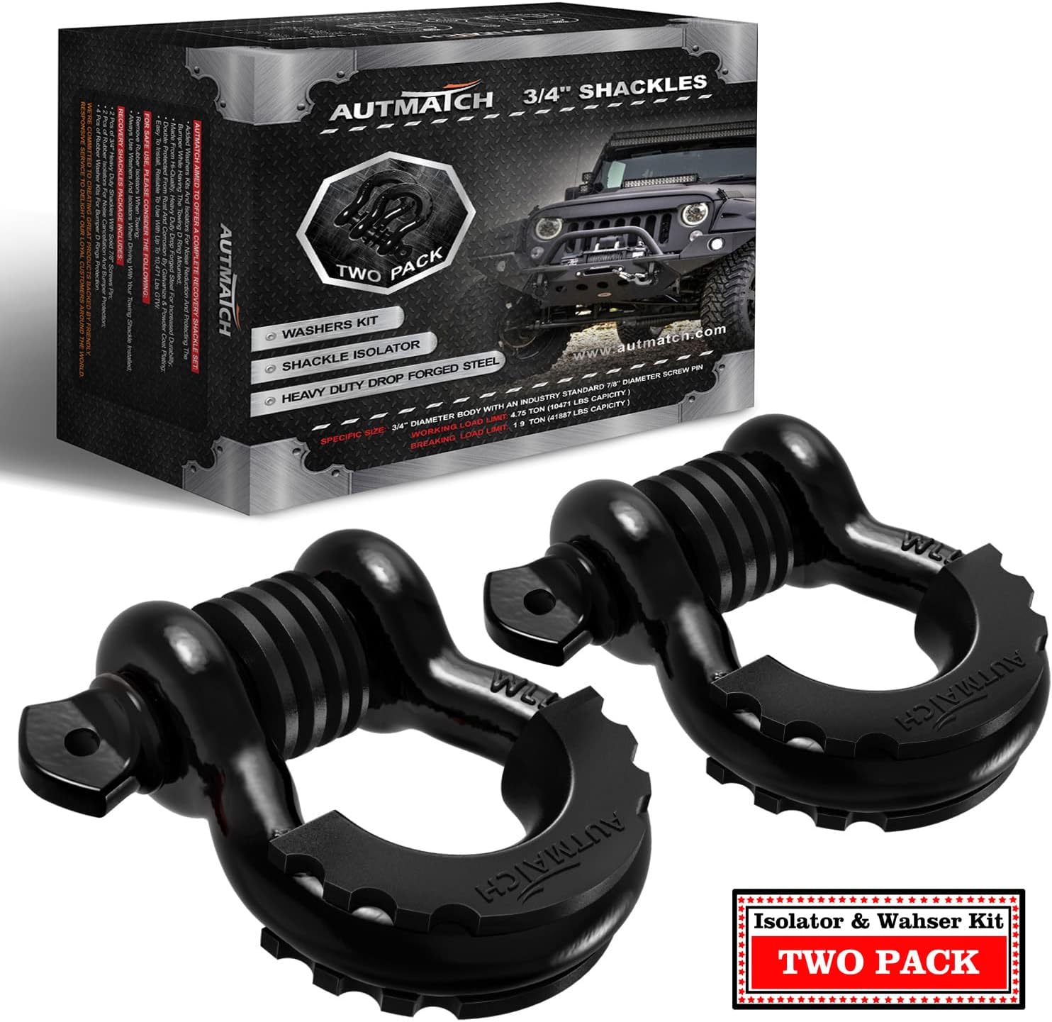 AUTMATCH D Ring Shackle 3/4" Shackles (2 Pack) 41,887Ibs Break Strength with 7/8" Screw Pin and Shackle Isolator Washers Kit for Tow Strap Winch Off Road Vehicle Recovery Black