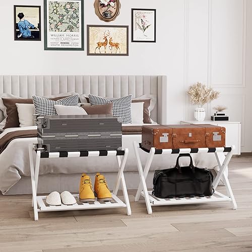 Miniatura 31 de Smuxee Portaequipajes de nogal totalmente montado, soporte de maleta plegable de bambú mejorado con 5 correas de nailon, soporte de equipaje