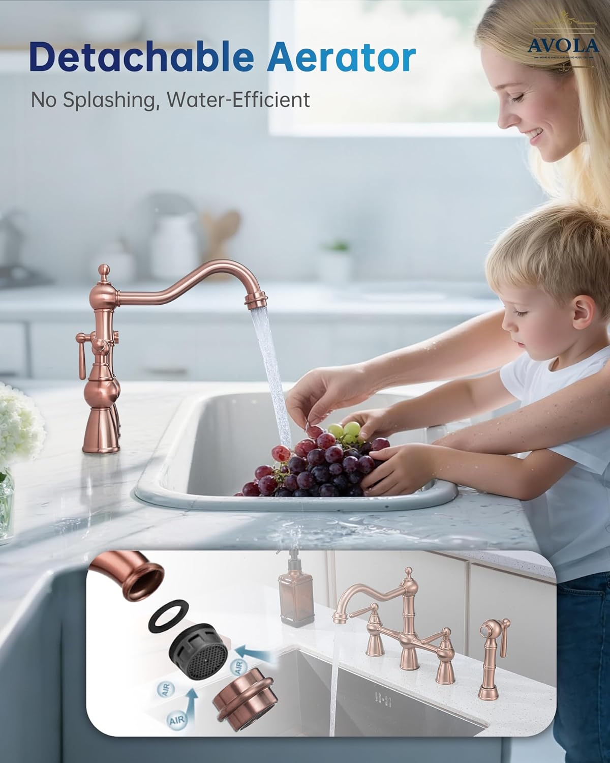 Avola Solid Brass Copper Bridge Kitchen Faucet with Pull Down Sprayer,2 Handles 4 Holes Antique Classic Bridge Kitchen Faucets with Side Sprayer,Copper Farmhouse Kitchen Faucet