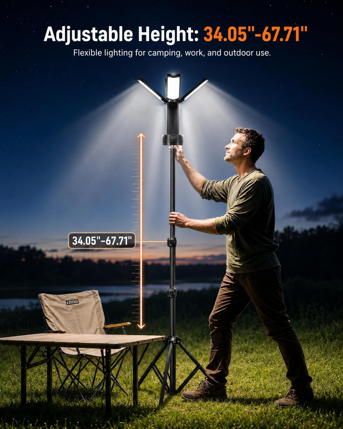 Lampes de camping rechargeables 10 400 mAh avec support, lampe de travail portable 6000 K avec 4 têtes de lampe LED, lampe de travail magnétique pour le travail en plein air, le garage, le