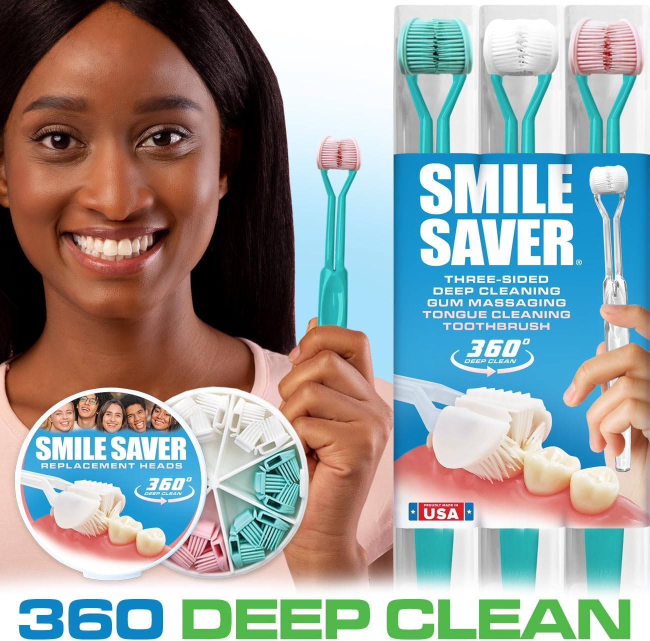 Smile Saver 360° 3-Sided Toothbrush for Kids & Adults | Sustainable U-Shaped Triple Soft Bristle Heads + Tongue Scraper Braces Caregivers Kids Child Adult | Prevention Gum Massage Special Needs | USA