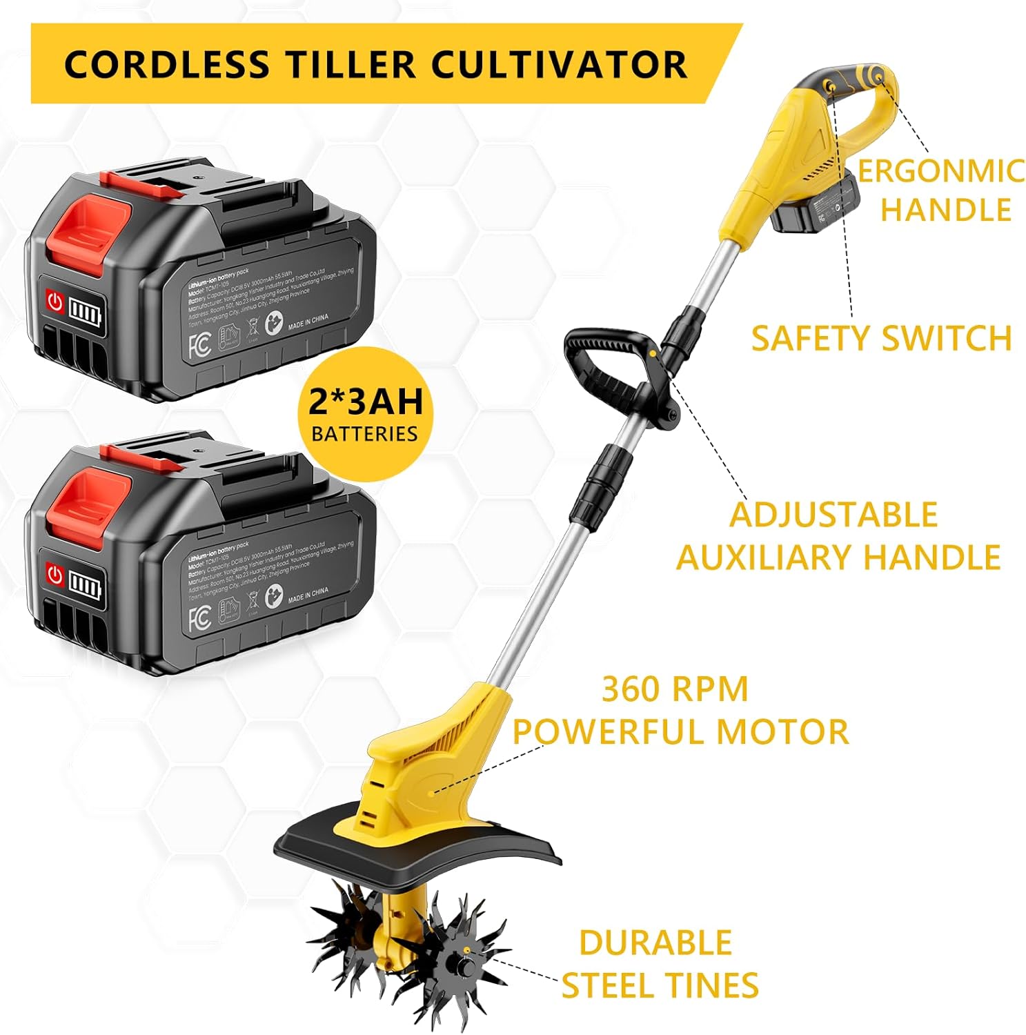21V Cordless Tiller Cultivator, Battery Powered Electric Garden Tiller with 2 * 3.0 Ah Battery and Fast Charger, 9" Tilling Width, Cordless Rototiller for Gardening, Lawn, Soil Cultivation