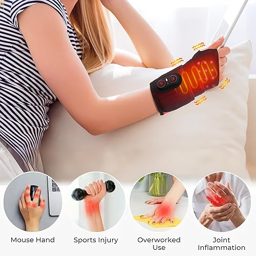 Miniatura 6 de Almohadilla térmica inalámbrica de muñeca y masajeador de manos, calor de 3 temperaturas, vibración ajustable, diseño portátil para manos, muñecas,