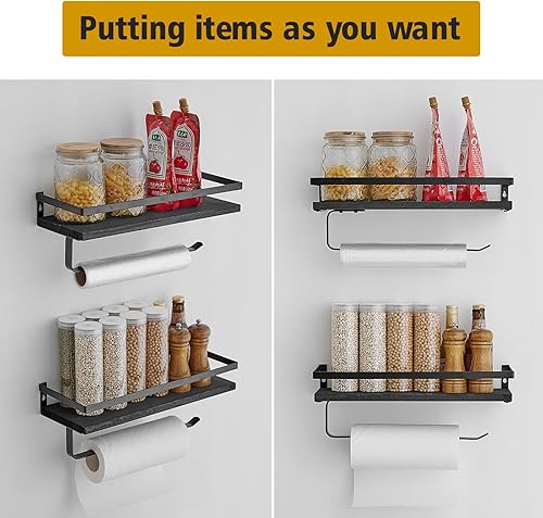 Vista 4 de BESy Estantes flotantes de almacenamiento montados en la pared con barra de toallero, soporte para toallas de papel con estante para cocina, Negro