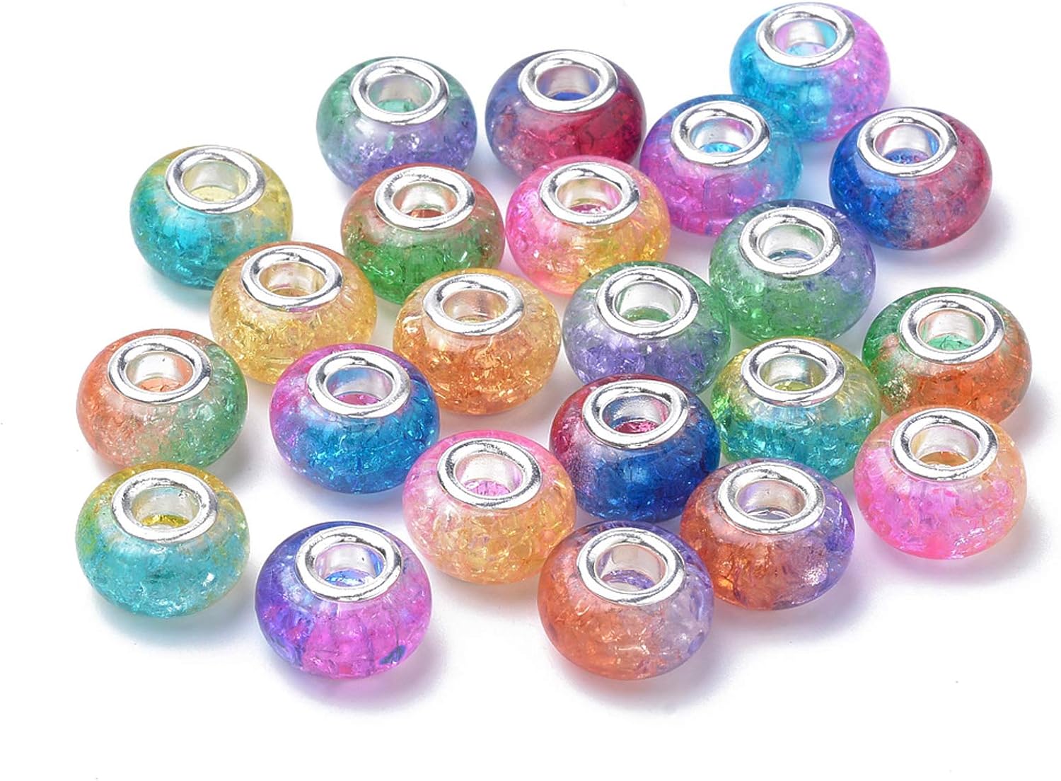 Craftdady 100pcs Crackle Rondelle European Beads Large Hole Resin Colorful Slide Charm Beads with Silver Core 14.5x8mm Mixed Colors for Leather Macrame Jewelry Craft Making Hole: 4.5mm