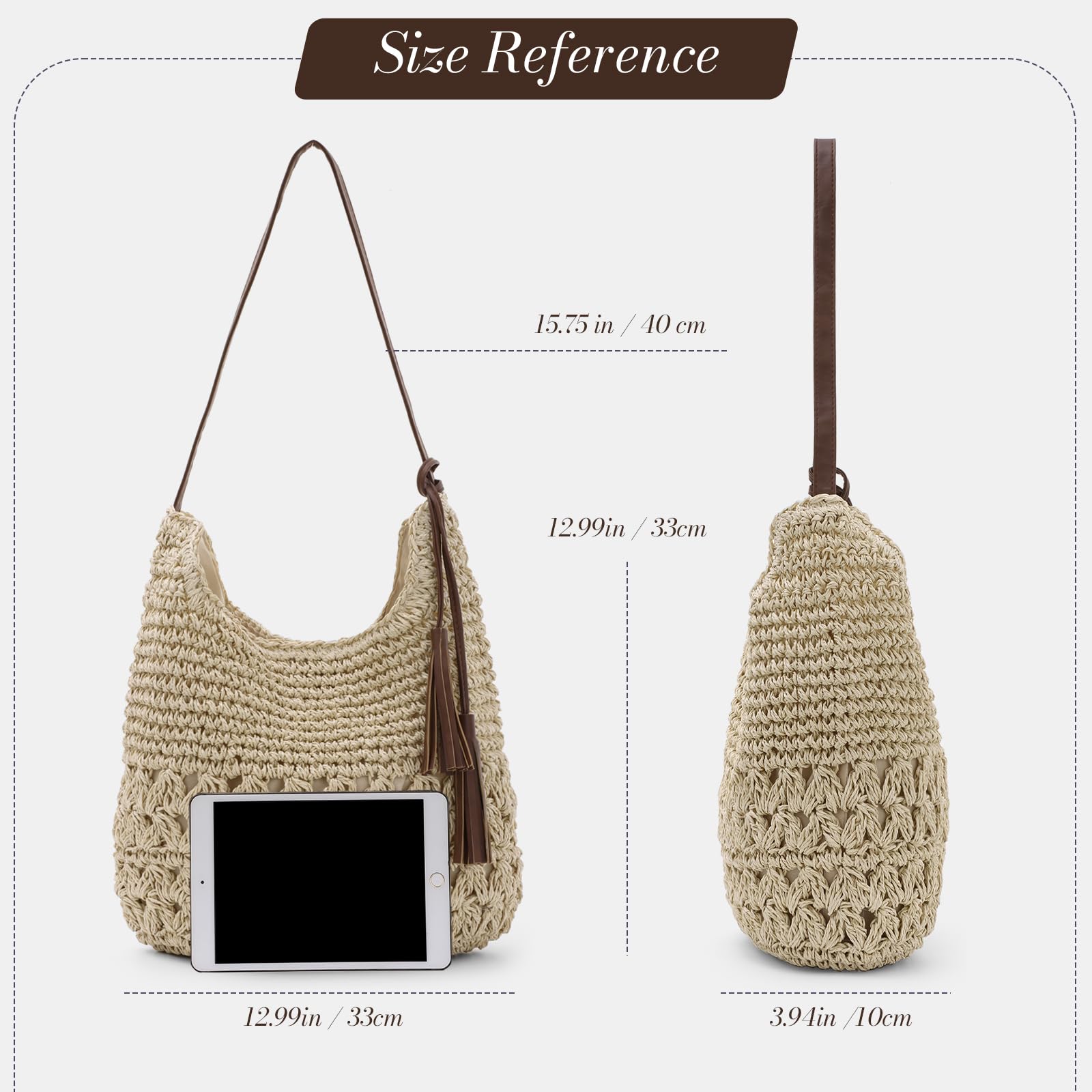 Femme Tissé en Paille Sac à Bandoulière Plage d'été Sac Fourre-tout Fait Main Au Crochet Sac Hobo Pour les Vacances