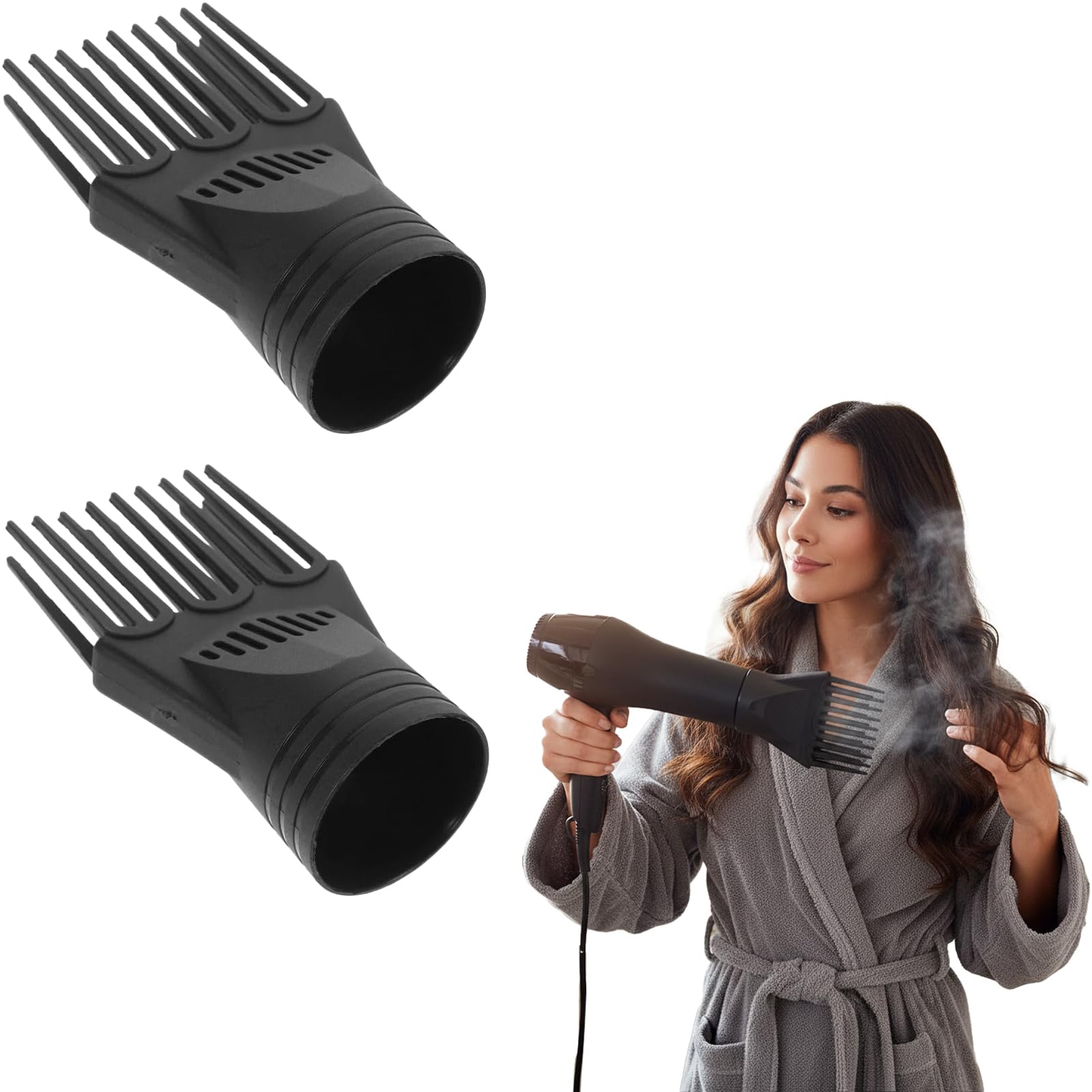 2Pcs Black Plastic Blow Hair Dryer Comb Attachment for Straightening, Detangling - Nozzle Hairdressing Salon Comb,Styling Tools and Appliances for Curly, Natural Hair, Suitable for Round Air Outlet
