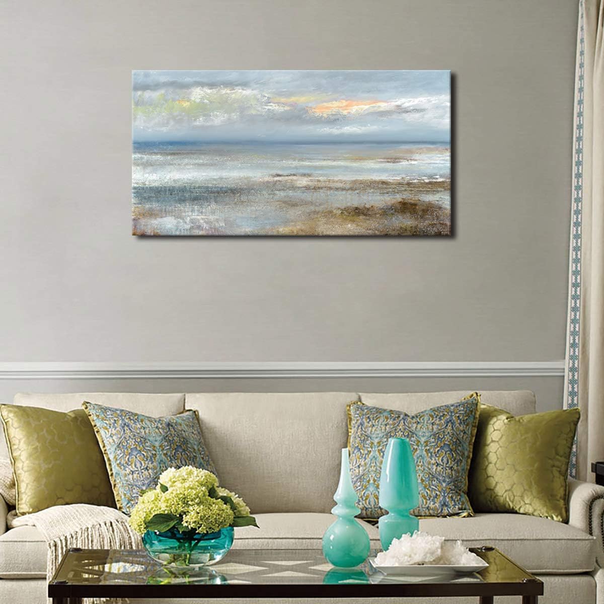 Abstract Wall Art Large Canvas Pictures Modern Blue Ocean Artwork on Canvas Prints Wall Decoration for Living Room Bedroom Bathroom Kitchen Office Home Wall Decor Framed Ready to Hang 24" x 48"