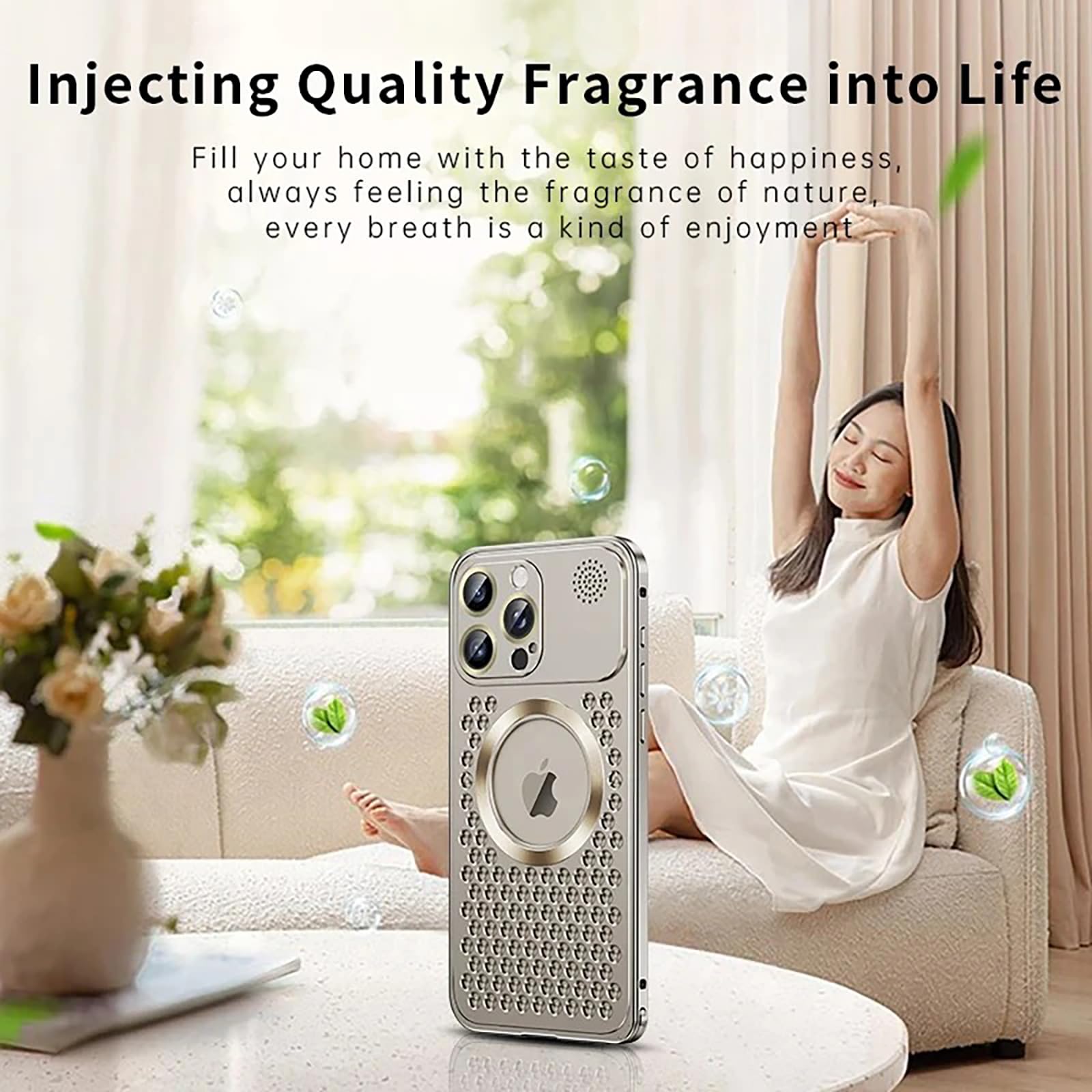 Geeignet für iPhone-Handyhülle, Aromatherapie-Hülle, Metallnetz-Linse, magnetisches Tauetikett, Federschnalle, Schutzhülle (Silber, iPhone 14Promax)