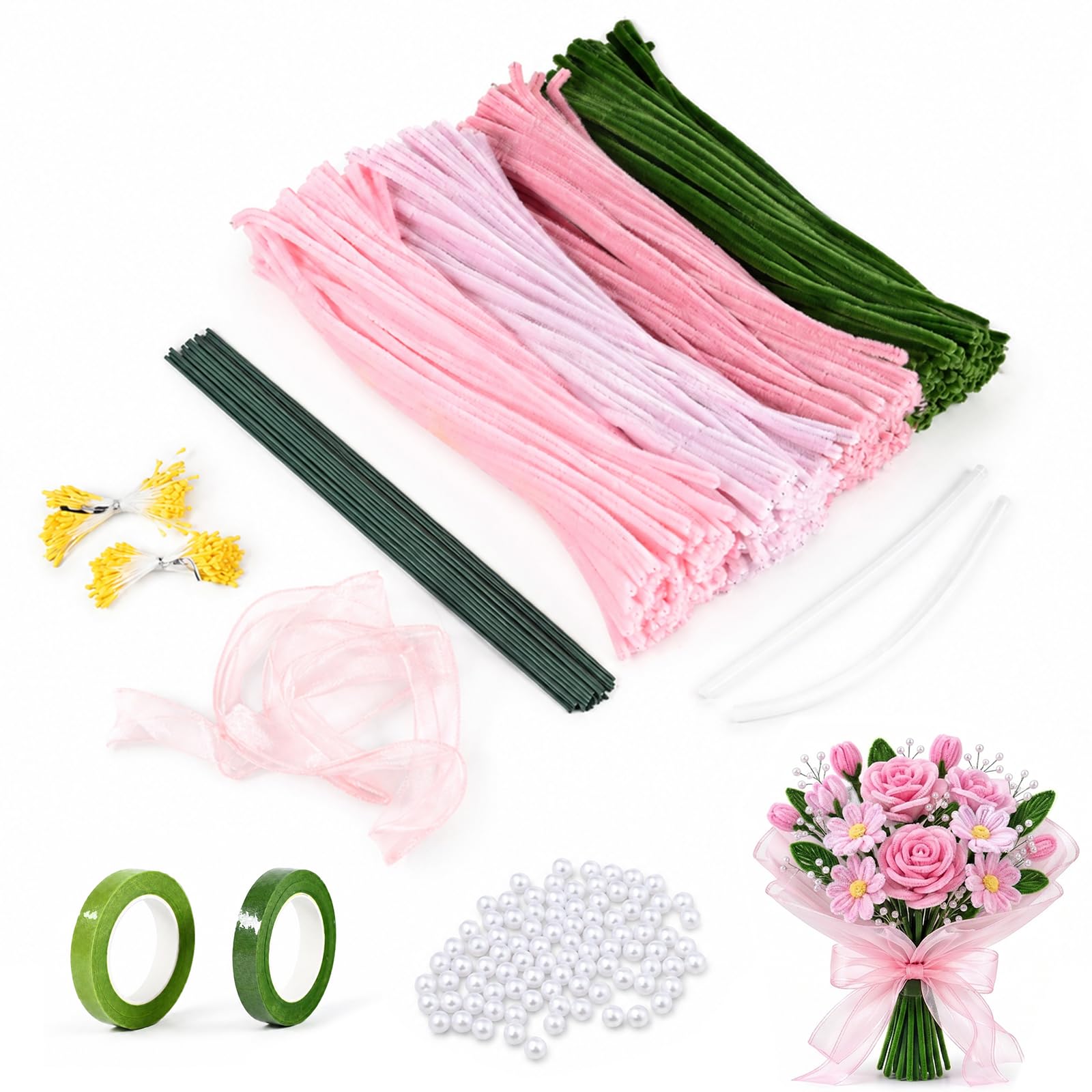 Carehabi 400 Piece Pipe Cleaners Flower Set, Pipe Cleaners Flowers for Crafts, with Green Flower Sticks (Pink)