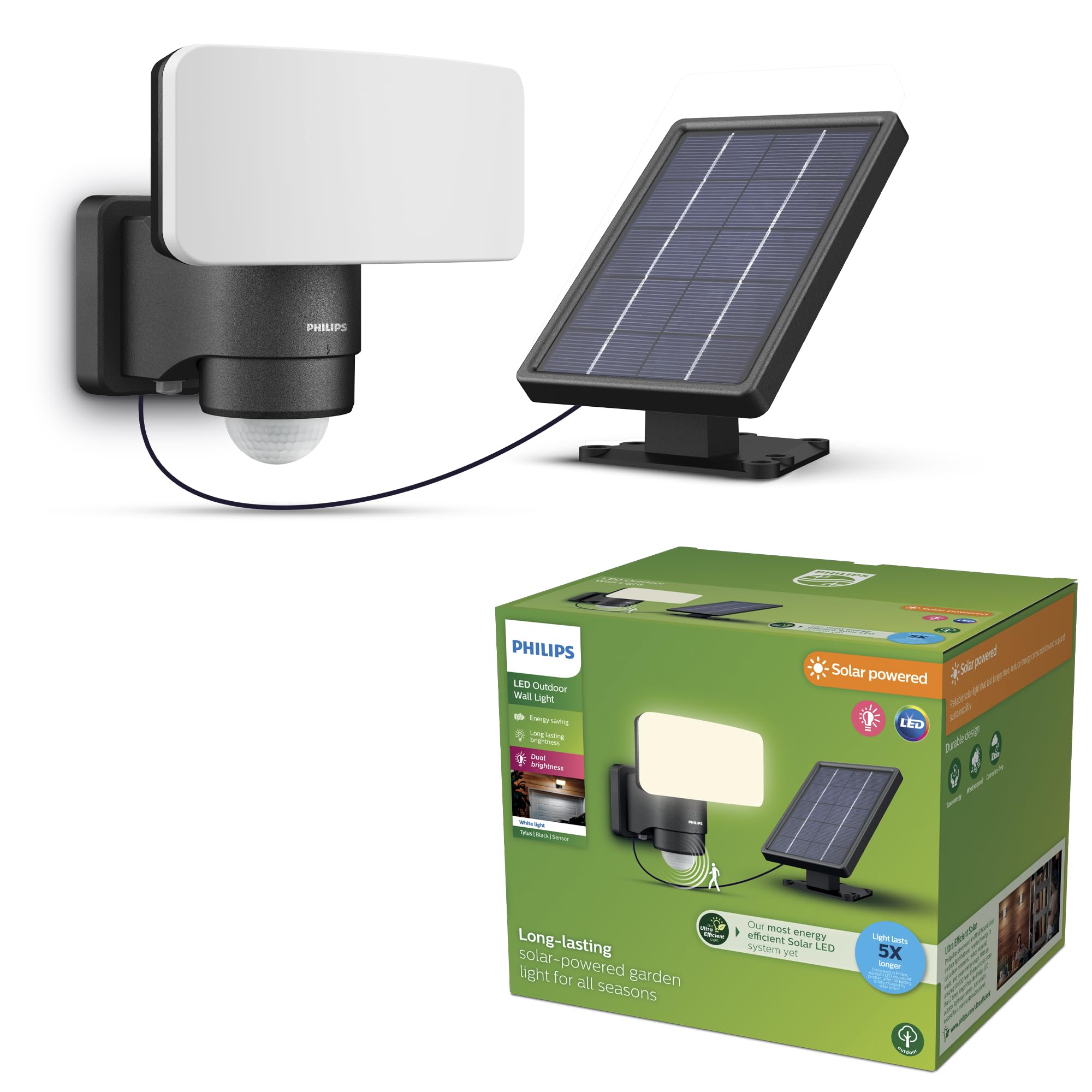 PHILIPS Tylus UltraEfficient Outdoor Solar Security Light with Sensor, 3000K, 1000/50lm, Black​