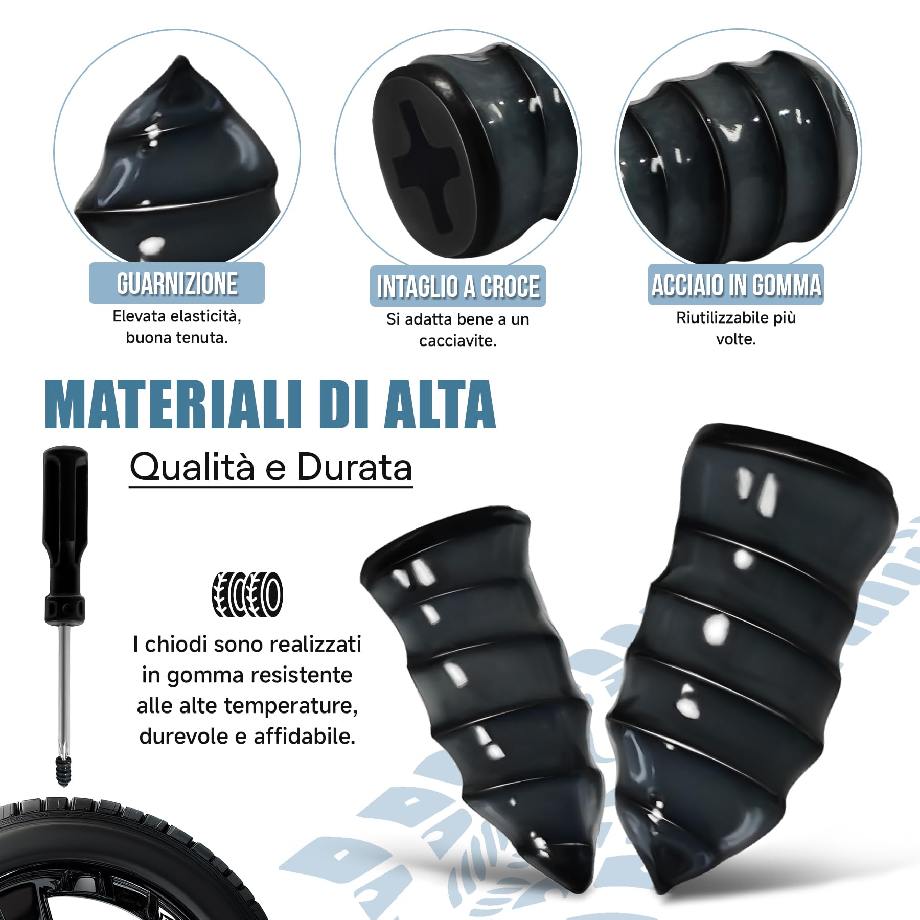 Kit 50 Pezzi Chiodi per Riparazione Pneumatici Sottovuoto – Chiodi in Gomma a Spirale di Alta Qualità con Cacciavite Inclusi, Riparazione Rapida e Sicura per Auto, Moto, Camion e Bici (25S + 25L)