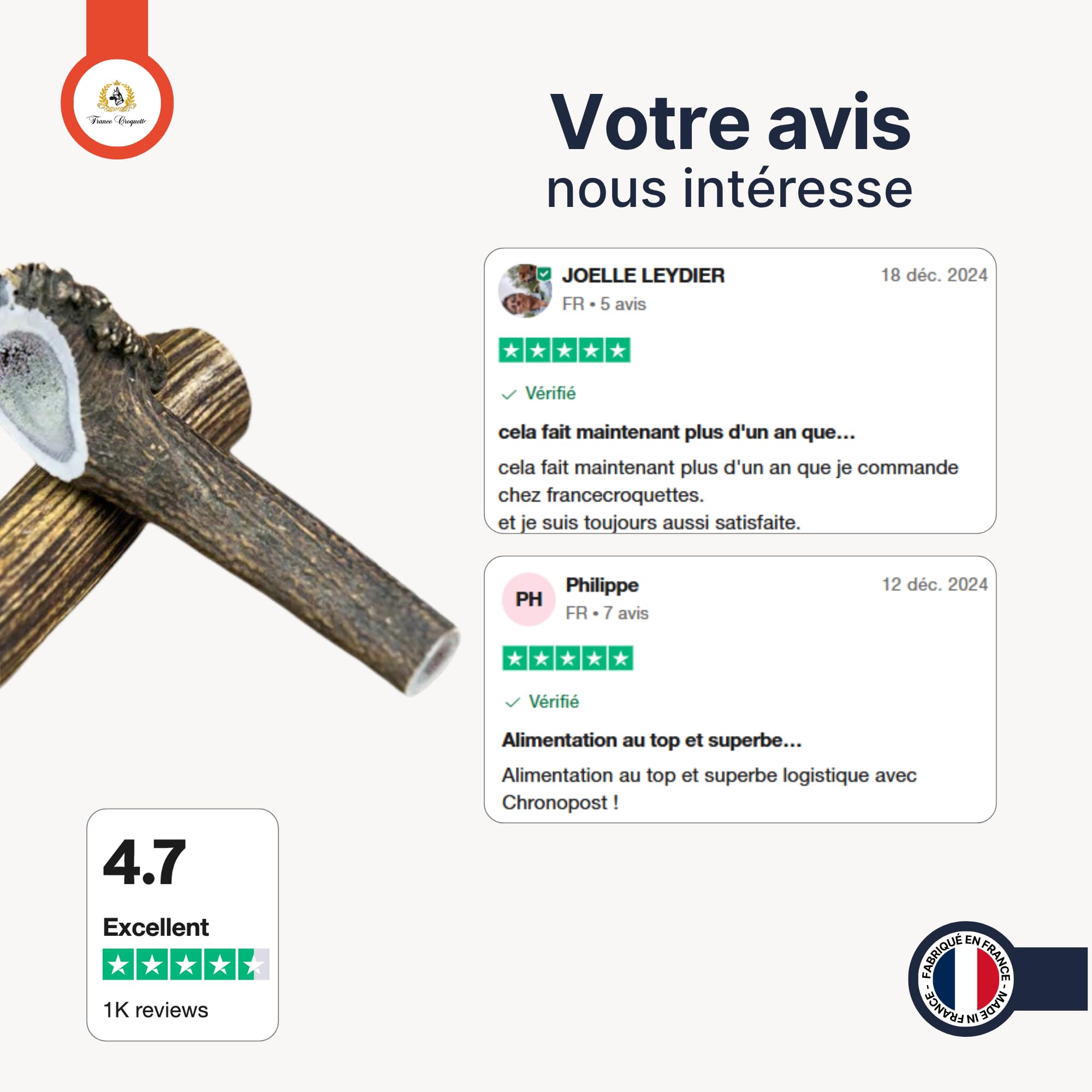 Bois de Cerf XXL Entier 200-300 g pour Chien Moins de 50 kg, friandise Naturelle à mâcher Longue durée, Soin Dentaire mécanique, Occupation & Plaisir, 100% Bois de cerf Naturel