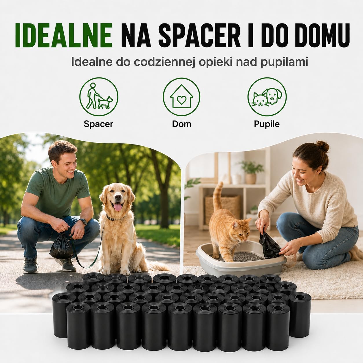 Woreczki na Psie Odchody, 600 Sztuk w 40 Rolkach, Worki na Kupy dla Psa 23 x 30 cm, Czarne, Wytrzymałe, do Dyspensera, na Spacery i Podróże