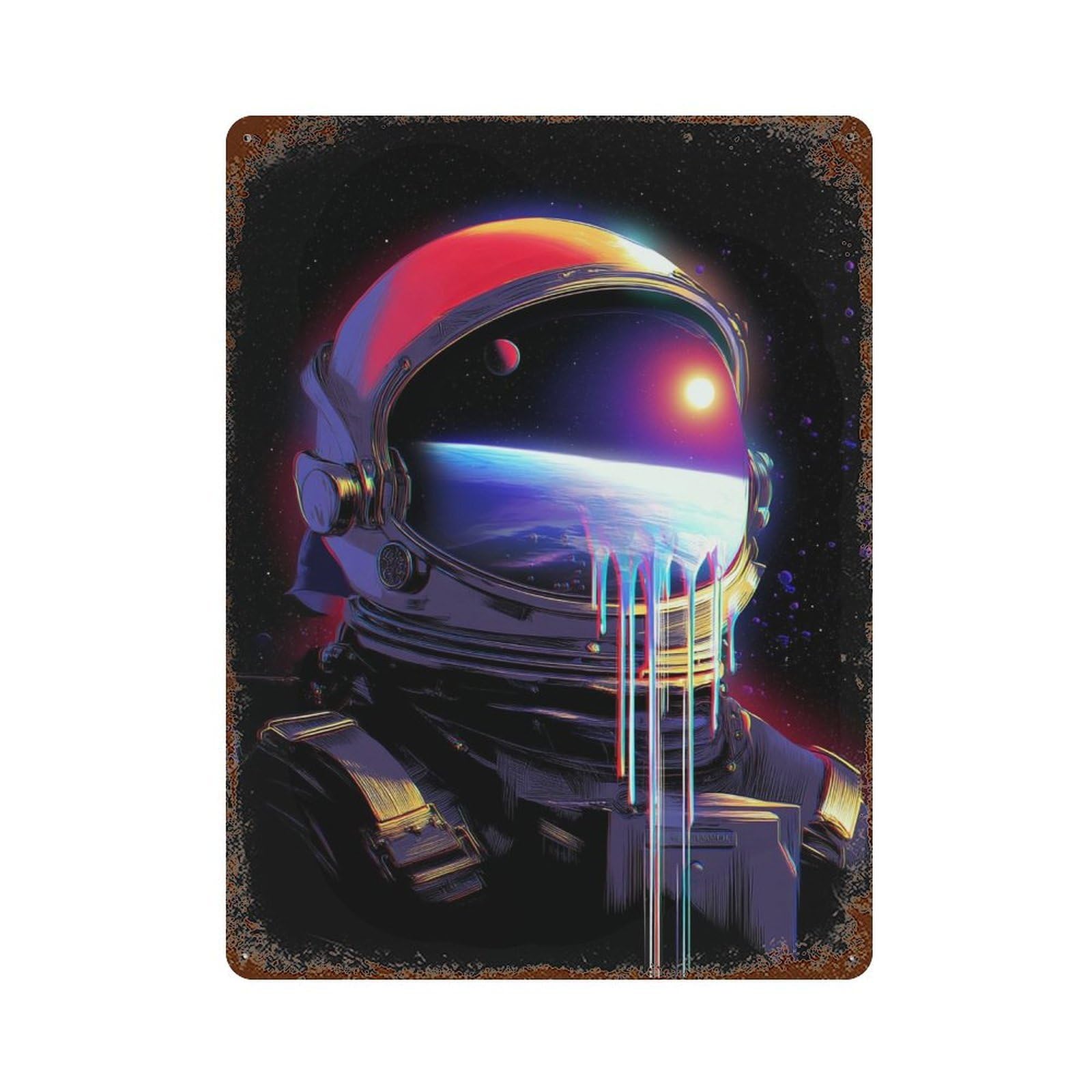 Garage Style Space Helmet with Planet Reflection Distressed Metal Wall Sign 15.7"x11.8", Shabby Chic Decor for Bar And Workshop
