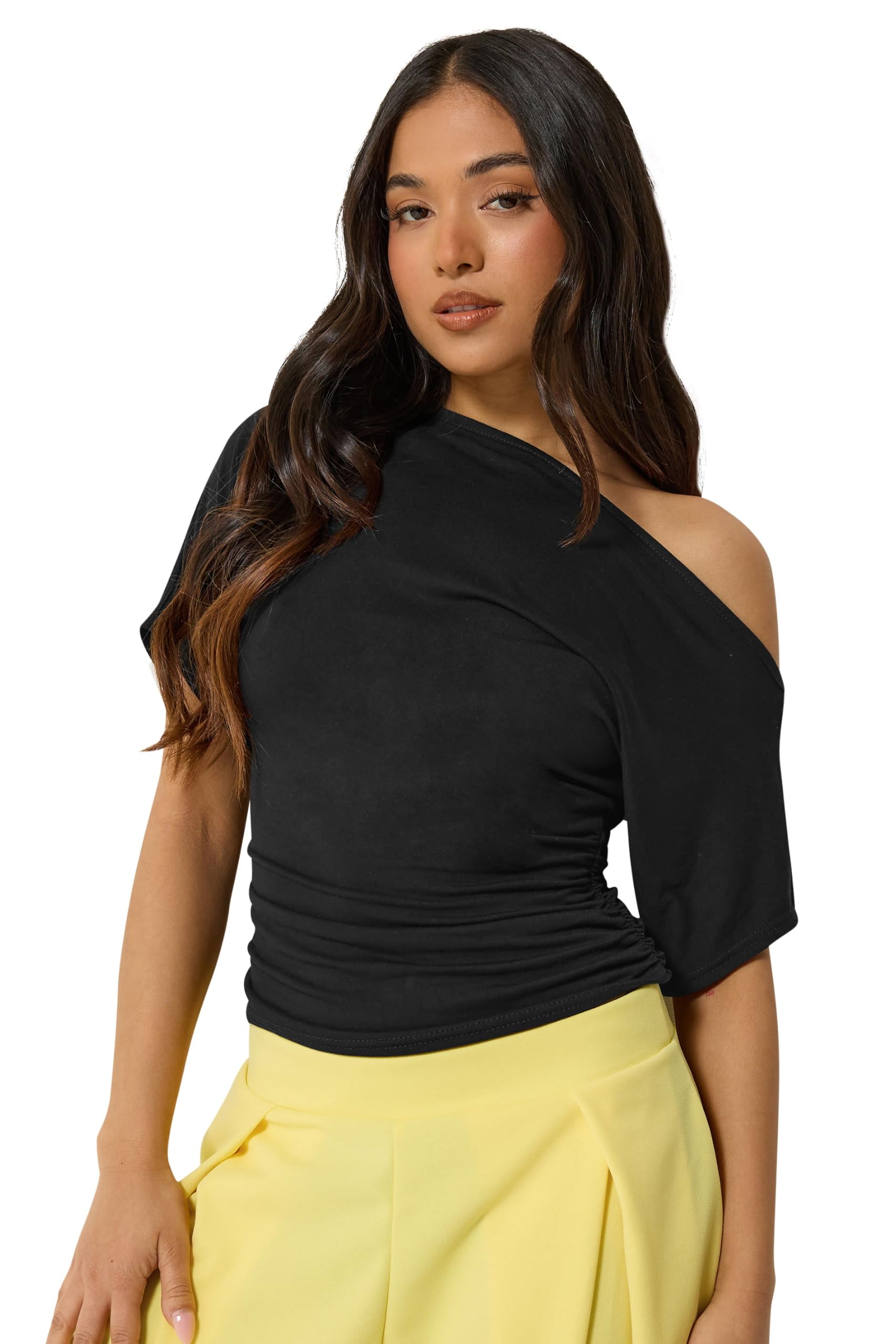 Pixiegirl Women's Black Petite Slash Neck Ruched T-Shirt In | Size: 8