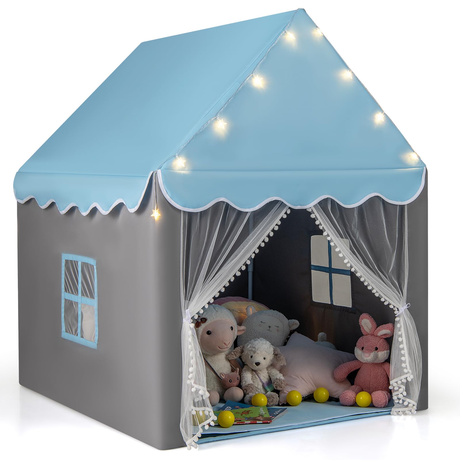 DREAMADE Kinderspielzelt Spielzelt für Kinder mit gepolsterter Decke und Lichterkette, Kinder Spielhaus mit Netzvorhang und Fenstern, Kinderzelt für Jungs & Mädchen, für Indoor und Outdoor (Blau)