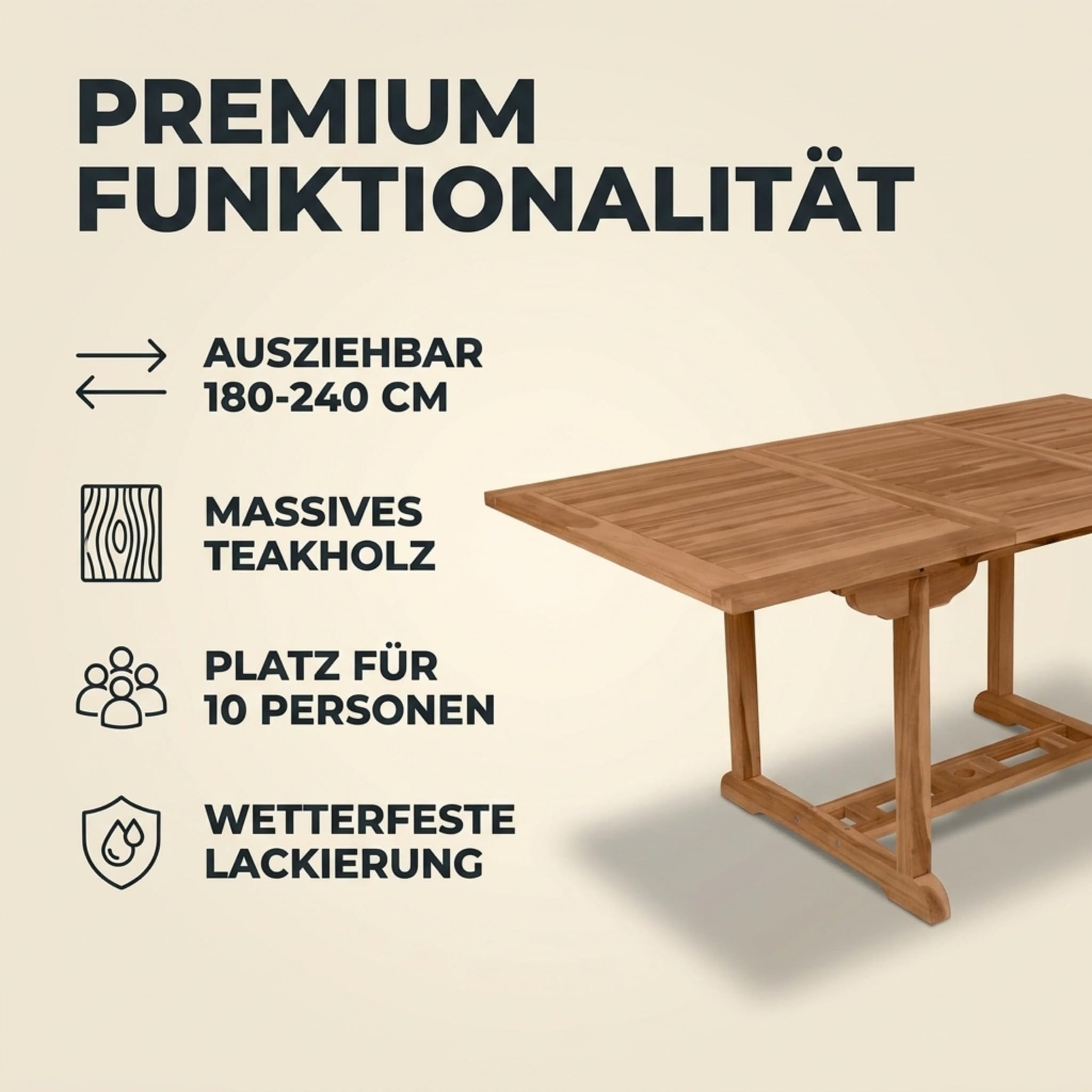 SAM Premium Gartentisch ausziehbar Kuba, Garten Tisch aus Teakholz 180-240 x 100 cm, wetterfester Terrassentisch für bis zu 10 Personen, rechteckiger Holztisch für Garten Terrasse Wintergarten