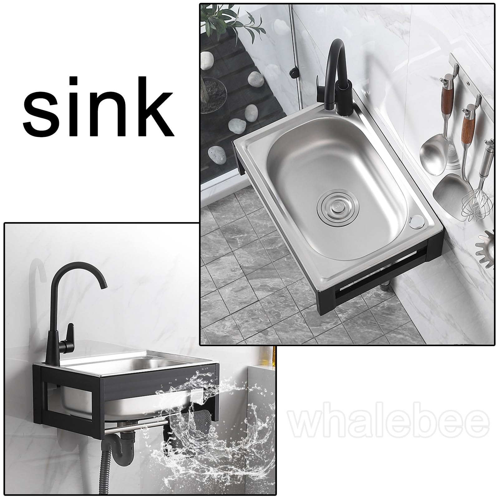 Spüle Edelstahl Spültisch Outdoor Küche Bar Gartenspüle - Spülbecken An Der Wand Montiert Mit Mischbatterie, Handtuchhalter - Platz Sparen Garagespüle Mit Aluminiumrahmen - Kitchen Sink