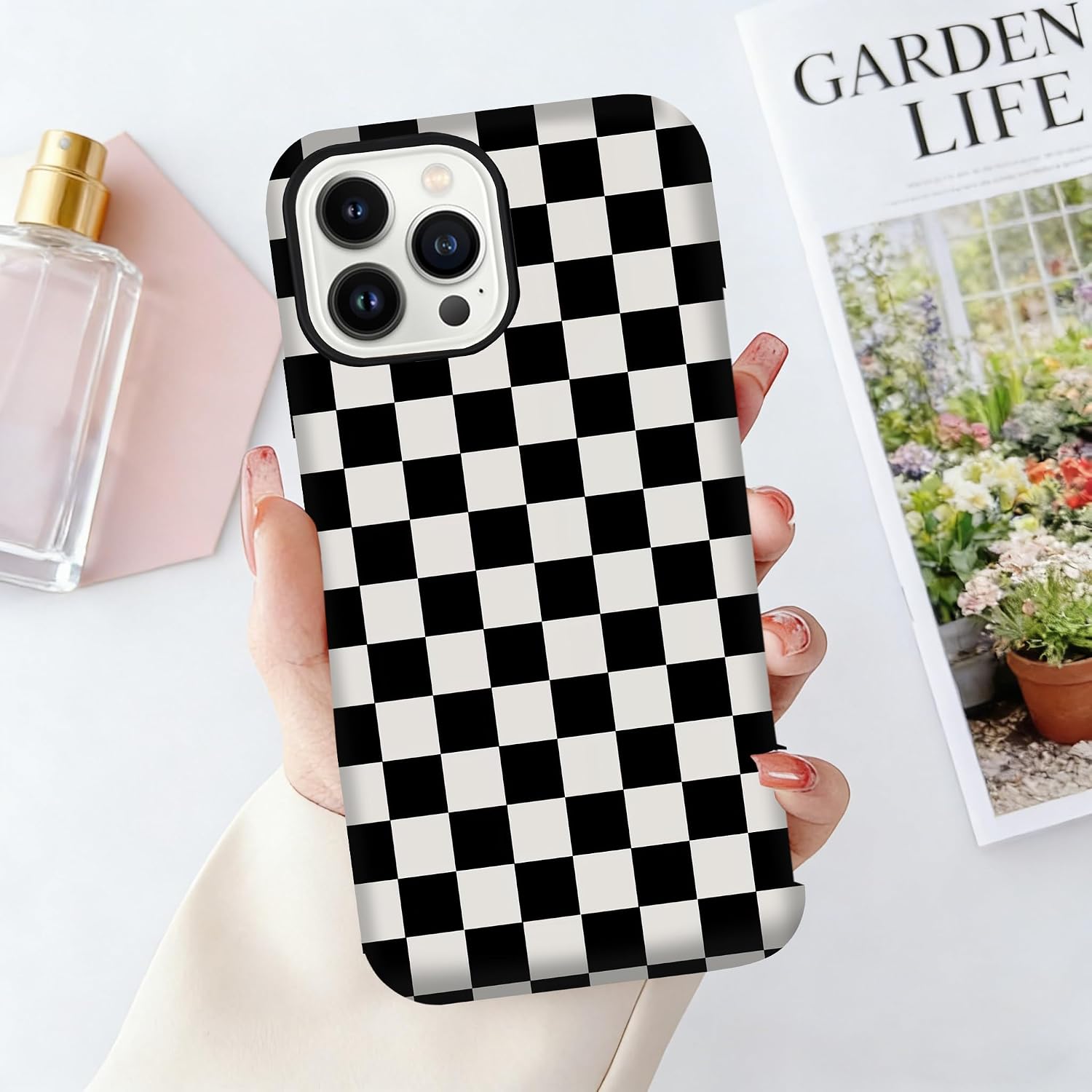 for iPhone 12 Pro Max Case Cute Checkered Phone Case Compatible with MagSafe, Dual-Layer Shock Protection(PC + Silicone) - Aesthetic Protective Phone Cover for Women Girl, Black and White thumbnail