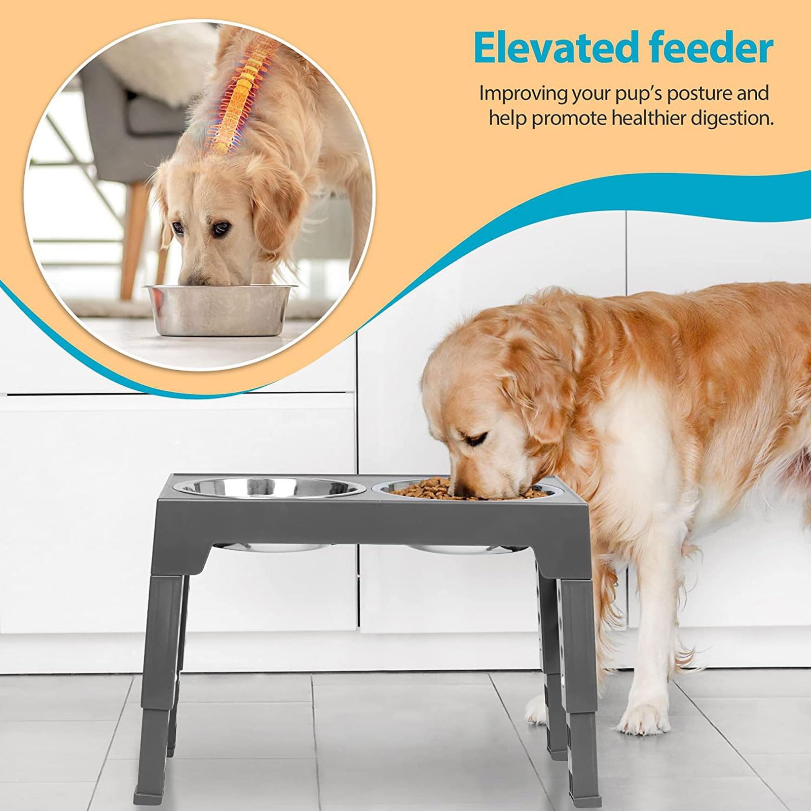 comederos para Mascotas, Comederos elevados for Mascotas, Soporte for comedero Elevado for Gatos, antivómitos, con 2 Cuencos Gruesos de Acero Inoxidable Antideslizantes.