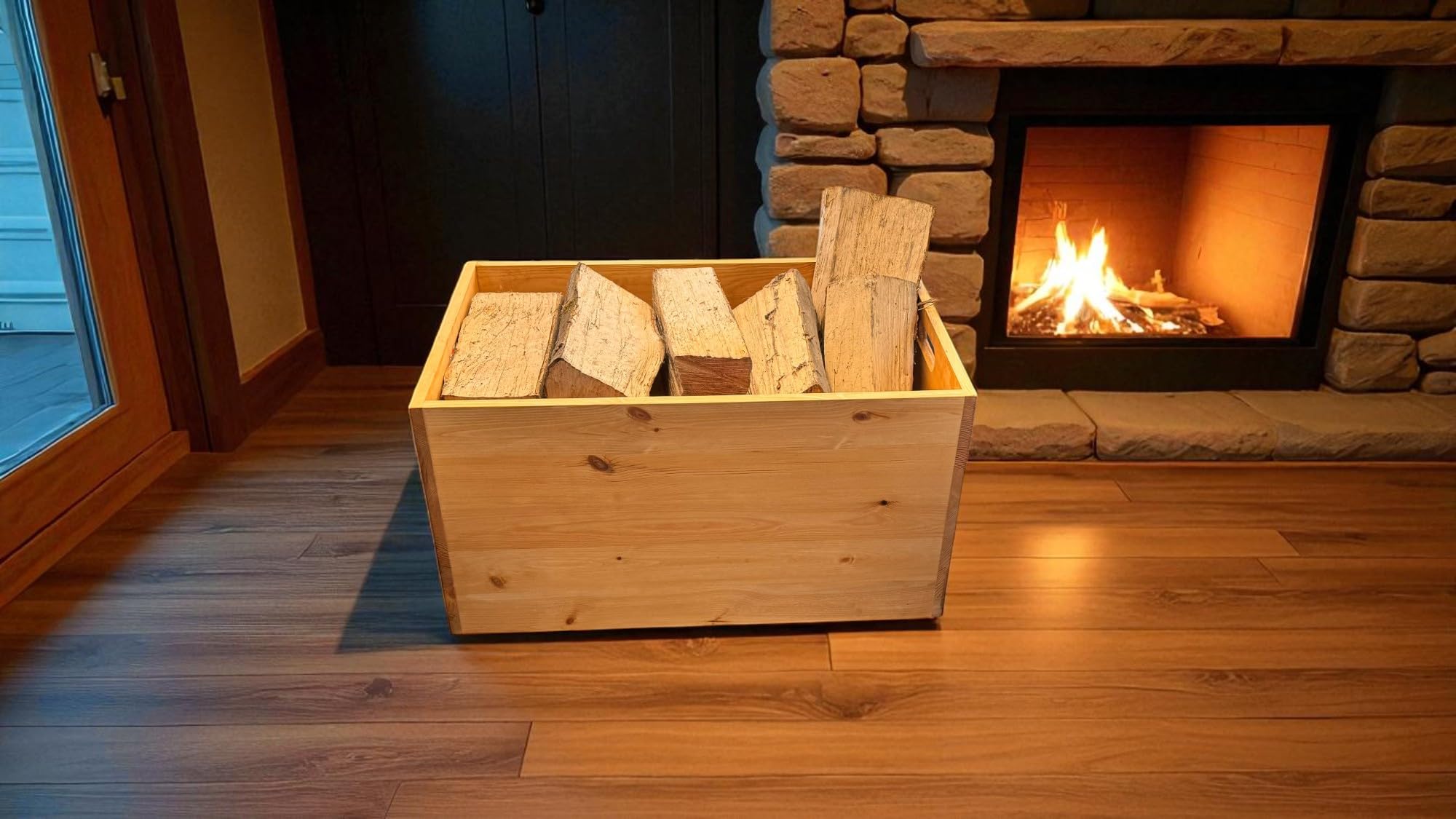 weeco Holz-Aufbewahrungstruhe mit Rollen, 73 x 45 x 40 cm, Kiefernholz, Eichenfarbe, Multifunktionale Lagerkiste für Kaminholz, Spielzeug, Decken