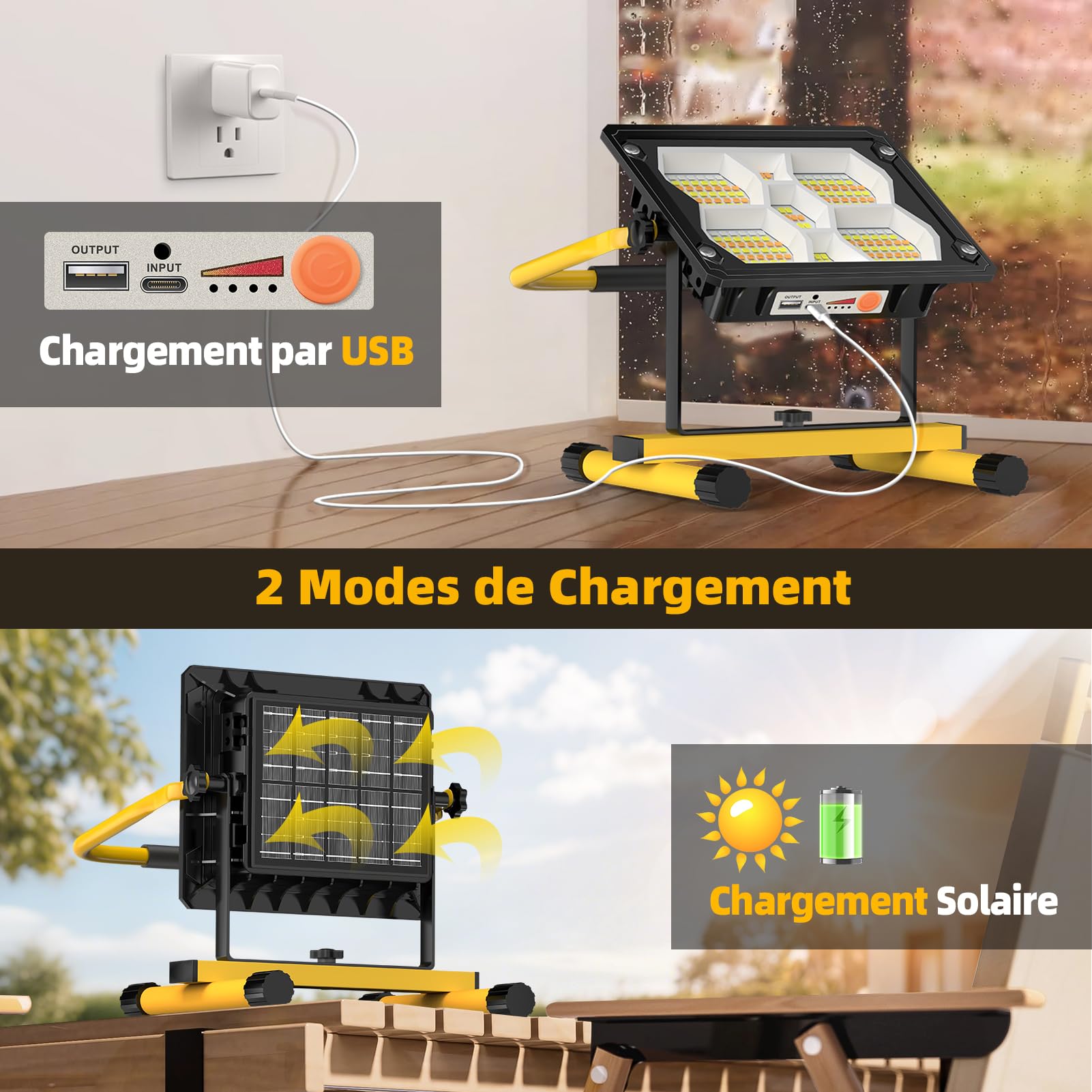 Sararoom Projecteur LED Solaire Rechargeable 100W, Projecteur LED Chantier Portable avec 5 Modes D'éclairage, USB et 10000mAh Batterie, Lampe de Travail Étanchéité IP65 Pour Garage, Atelier, Cour