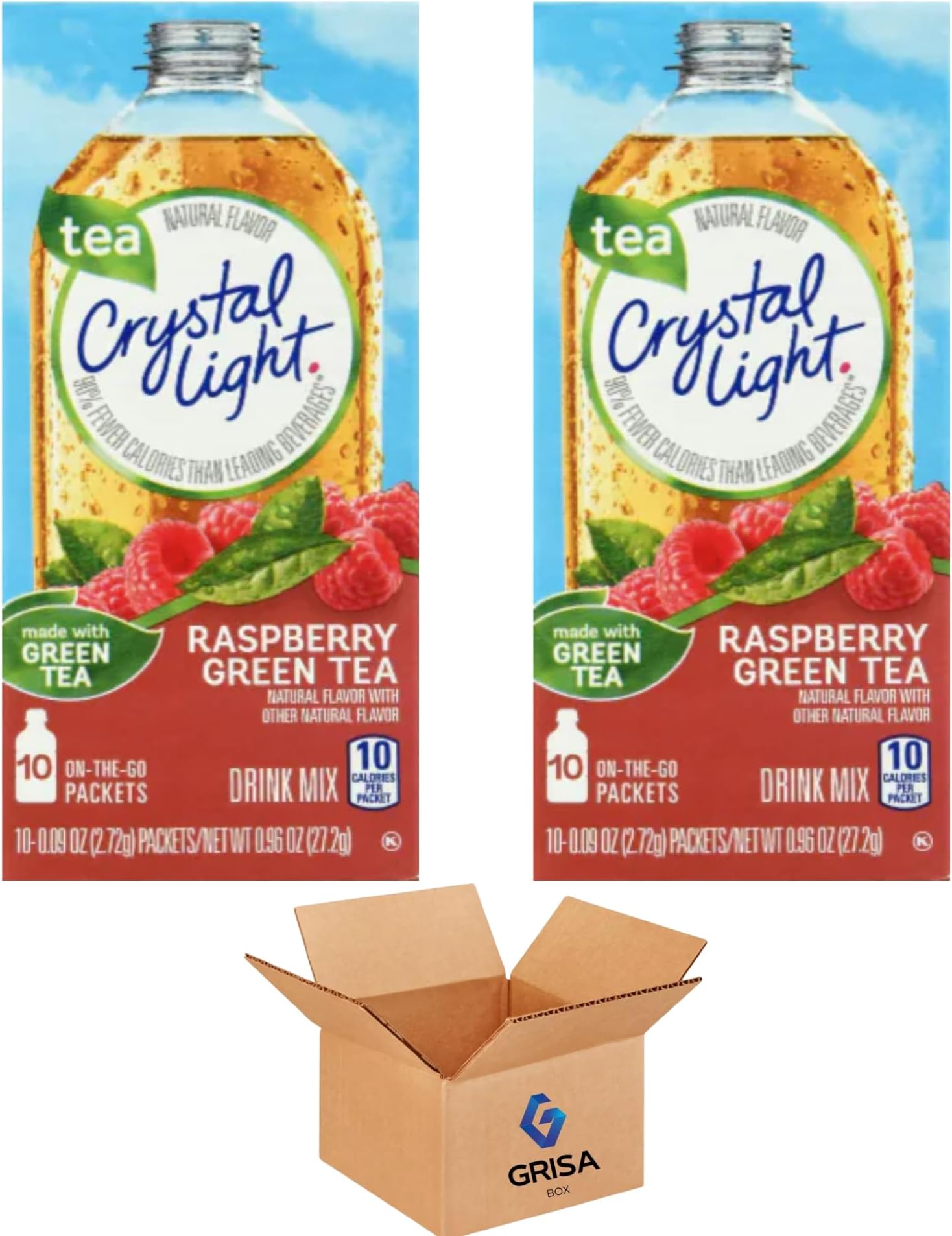 Crystal Light On The Go Raspberry Green Tea, 10-Count Boxes (Pack of 2) - Refreshing and convenient, enjoy the delicious blend of green tea and raspberry flavor anytime, +GrisaBoxStickers