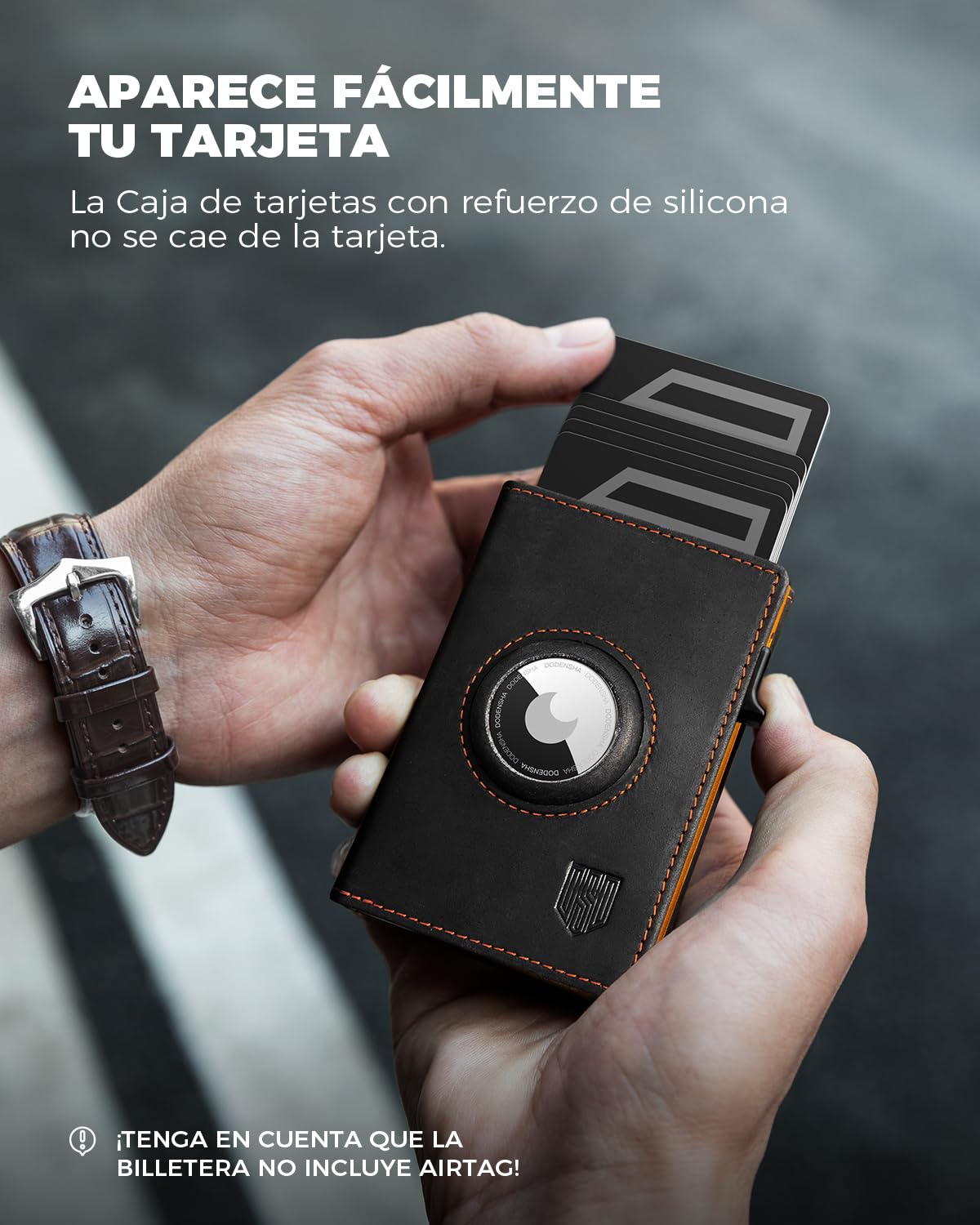 DODENSHA® AirTag* Tarjetero Hombre Protección RFID I Cartera Hombre I Carteras para Inteligente para más de 11 Tarjetas I billeteras para I carteiras Homens pie (Negro y Naranja)