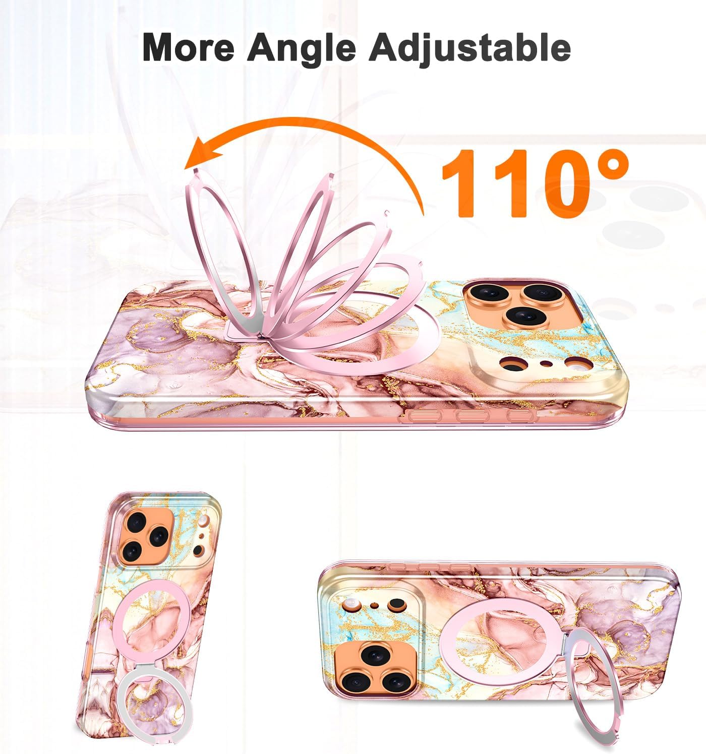 Lamcase for iPhone 17 Pro Case with Magnetic Invisible Ring Stand [Compatible with MagSafe], Full Body Rugged Slim Women Men Girl Shockproof Marble Pattern Design Case, Rose Gold - Image 4