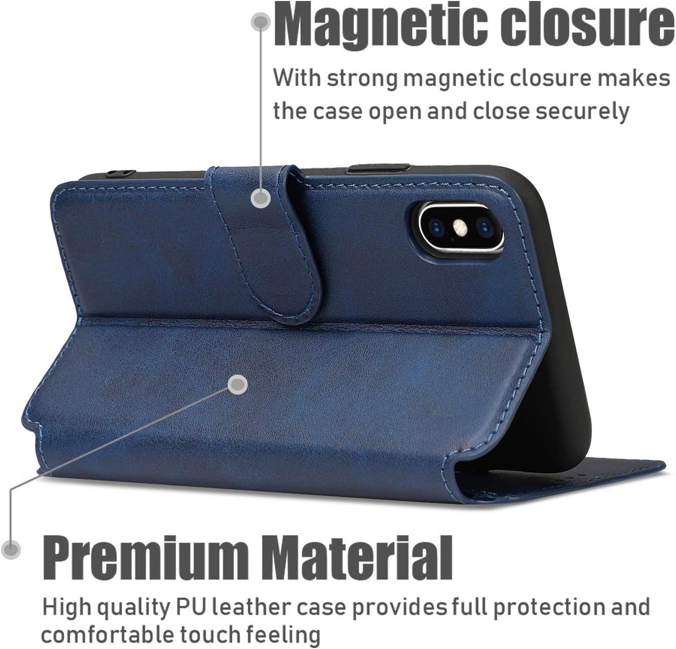 QLTYPRI Case for iPhone X/XS, Premium PU Leather Simple Wallet Case Card Slots Kickstand Magnetic Closure Shockproof Flip Cover for iPhone X/XS - Blue - Image 4