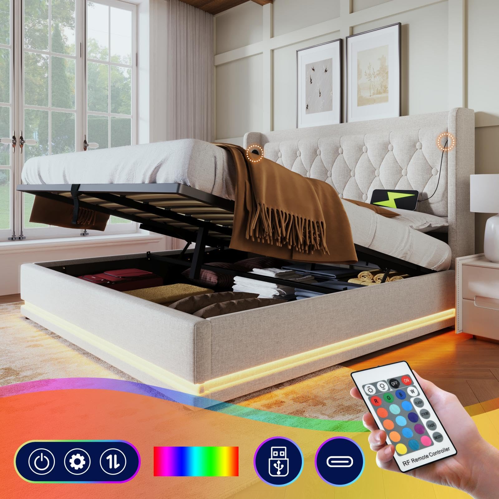 KOMHTOM Lit Rembourré avec Fonction de Chargement USB et Type-C, Lit de Rangement Hydraulique avec éclairage LED et Espace de Rangement(sans Matelas) (Beige, 160x200cm)