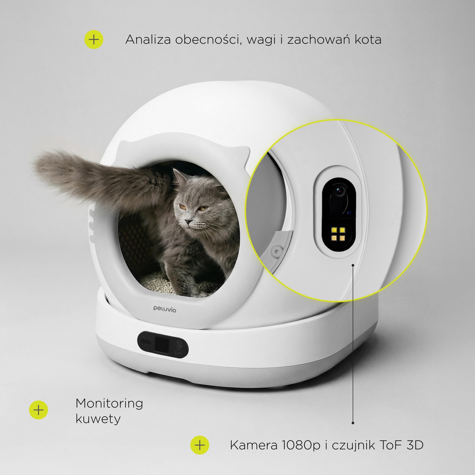 Peluvio Pearl Smarte samoczyszcząca się kuweta dla kotów o dużej pojemności 72 l, ze sterowaniem za pomocą aplikacji, automatyczna kuweta dla kotów, eliminacja nieprzyjemnych zapachów, kamera ToF