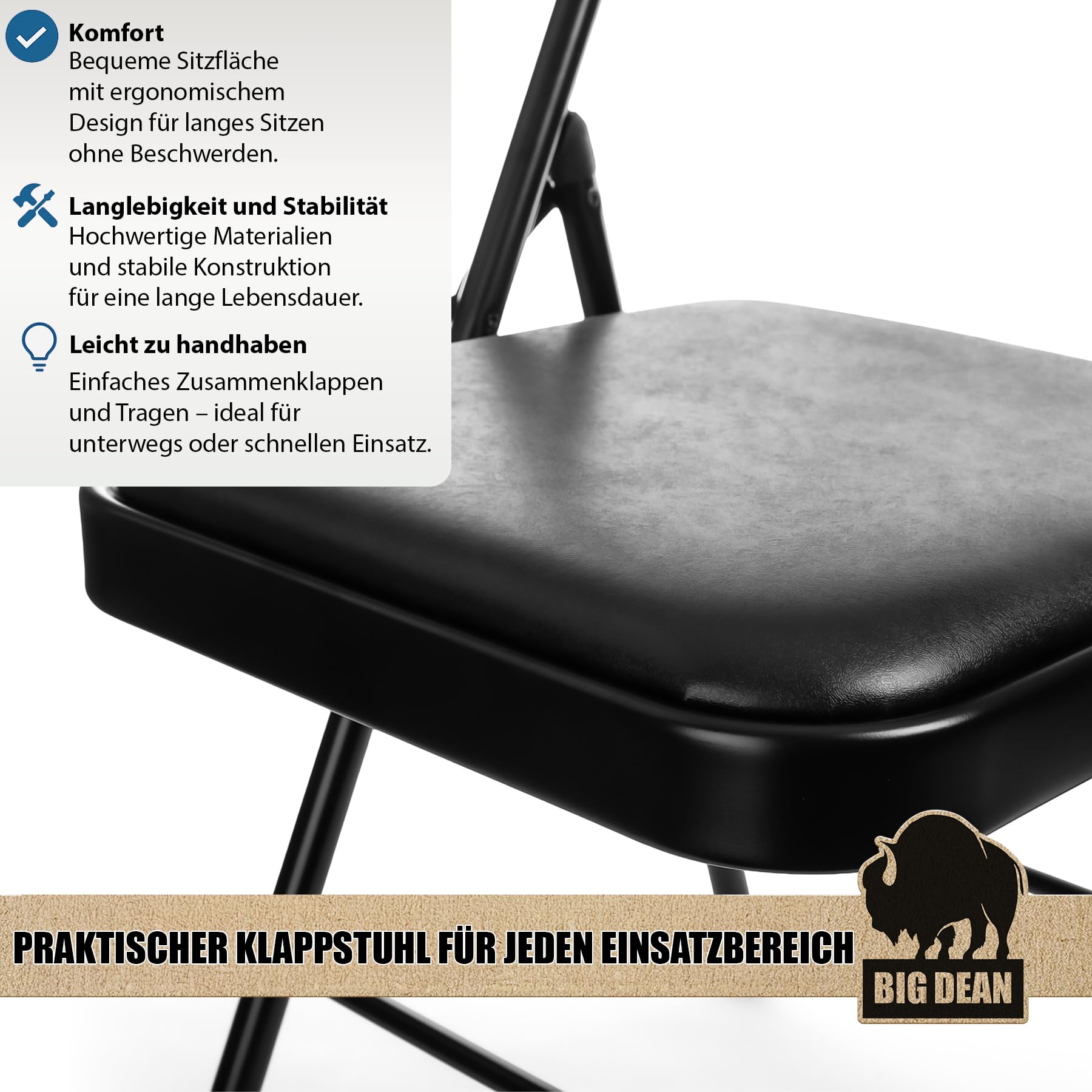 BigDean Klappstuhl 6 Stück gepolstert Klappstühle schwarz Metall Stuhl mit Kunstlederbezug robust bis 130 kg belastbar