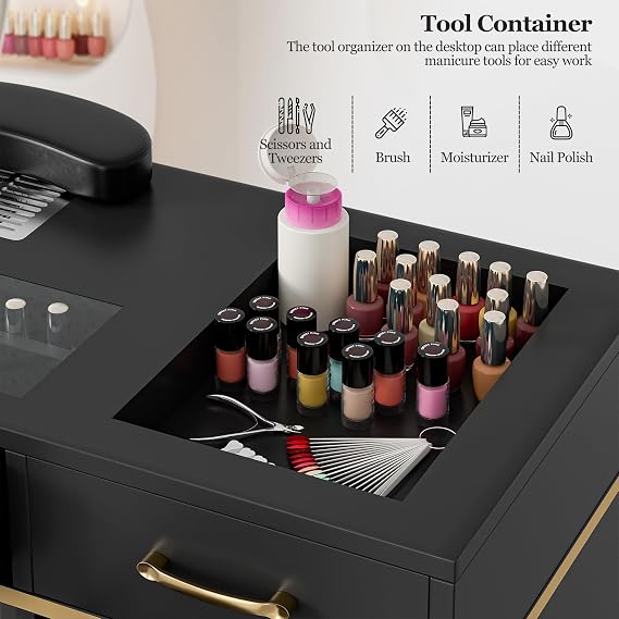 Paddie Manicure Table with Dust Collector, Glass Top Nail Tech Table Nail Desk Station w/7 Storage Drawers & 3-Tiers Open Shelves, Nail Beauty Workstation w/Wrist Cushion & Golden Handles(Black)