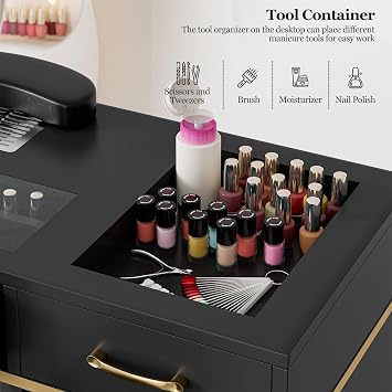 Paddie Manicure Table with Dust Collector, Glass Top Nail Tech Table Nail Desk Station w/7 Storage Drawers & 3-Tiers Open Shelves, Nail Beauty Workstation w/Wrist Cushion & Golden Handles(Black)