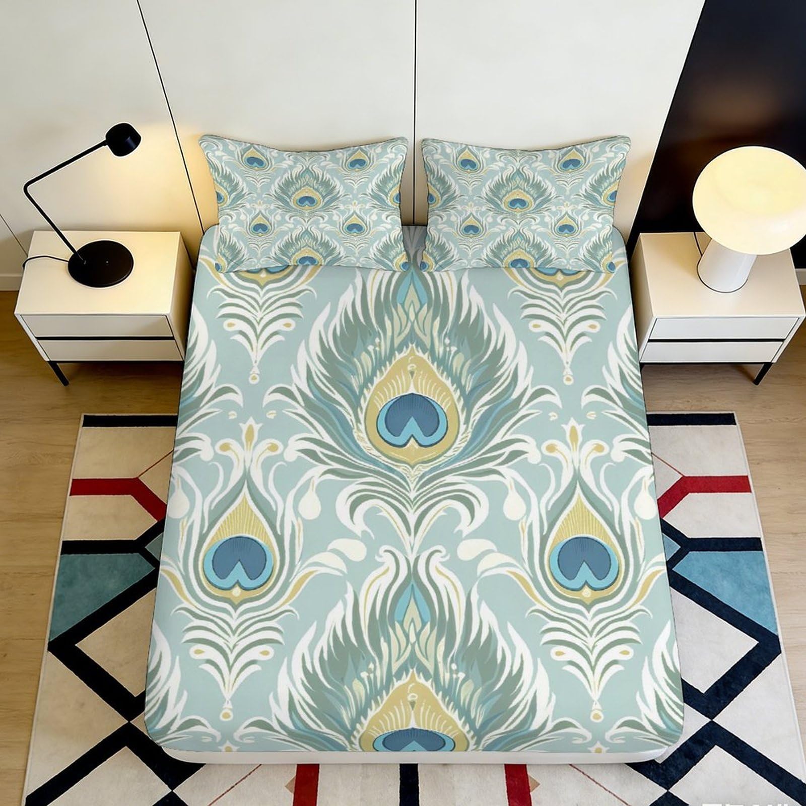 3D Printed Peacock Feather Art Fitted Sheet Microfiber Anti-Slip Mattress Cover for Bedroom Guest Room Dorm Decor 120x200cm 180x200x25cm