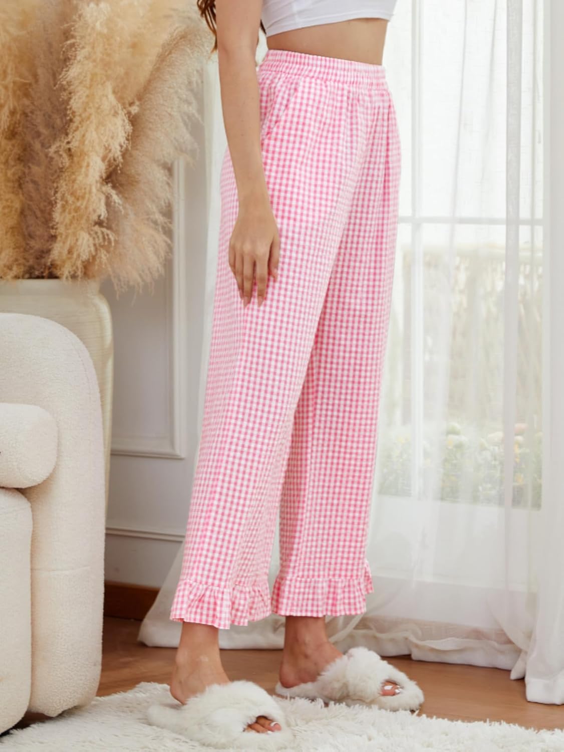 Womens Gingham Pants Y2K Cotton Wide Leg Ruffle Hem Lounge Pants Plaid Print Loose Trouser with Pockets - Image 2