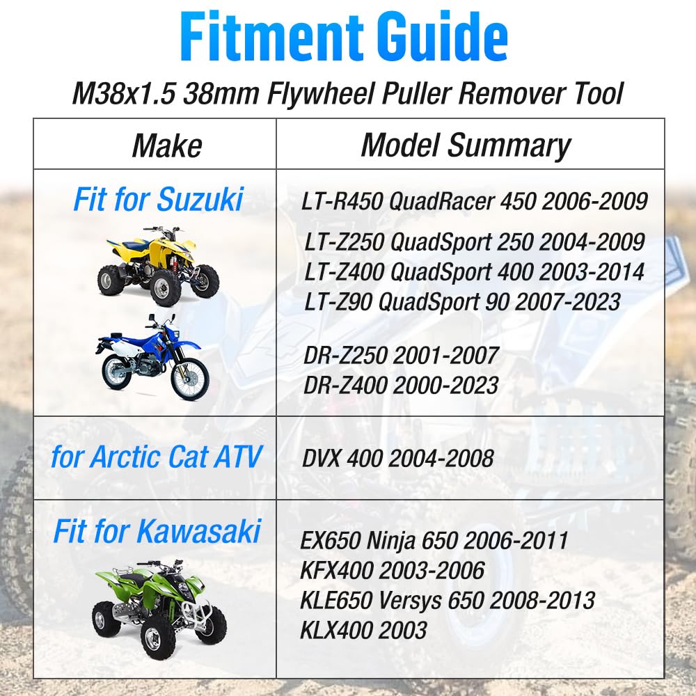 Ściągacz koła zamachowego M38x1,5 pasuje do Suzuki LTZ 400 LTZ 250 LTR 450 LTZ 90 DRZ 250 DRZ 400 Arctic Cat DVX 400 Kawasaki EX650 KFX 400 KLE 650 Narzędzie do usuwania ściągacza koła zamachowego