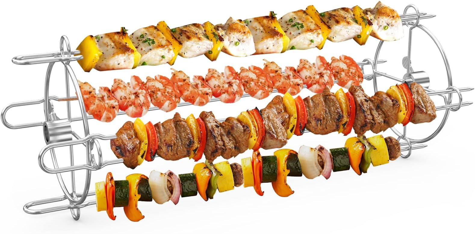 onlyfire Rotisserie Kebab Skewer Attachment, Universal Rotating System with Dual-Pronged Barbecue Skewers for Most Grill Rotisserie Spit Rods, Stainless Steel