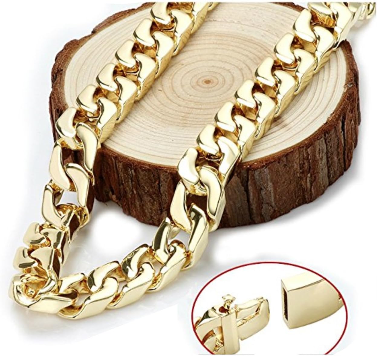 Gold Cuban Link Chain Necklace for Men Real 14MM 24K Karat Diamond Cut Heavy w Solid Thick Clasp US Made…