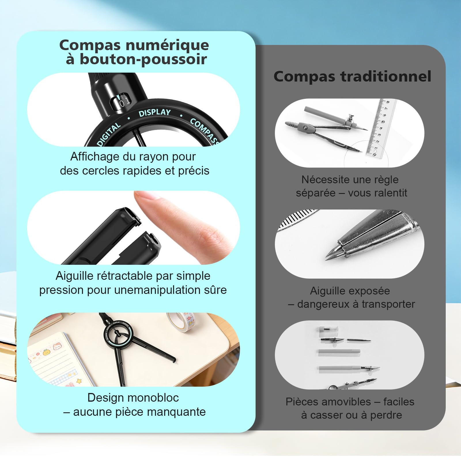 Compas Professionnel ROATEE Rayon Ajustable, Compatible Mine 0,5 mm, Géométrie et Dessin