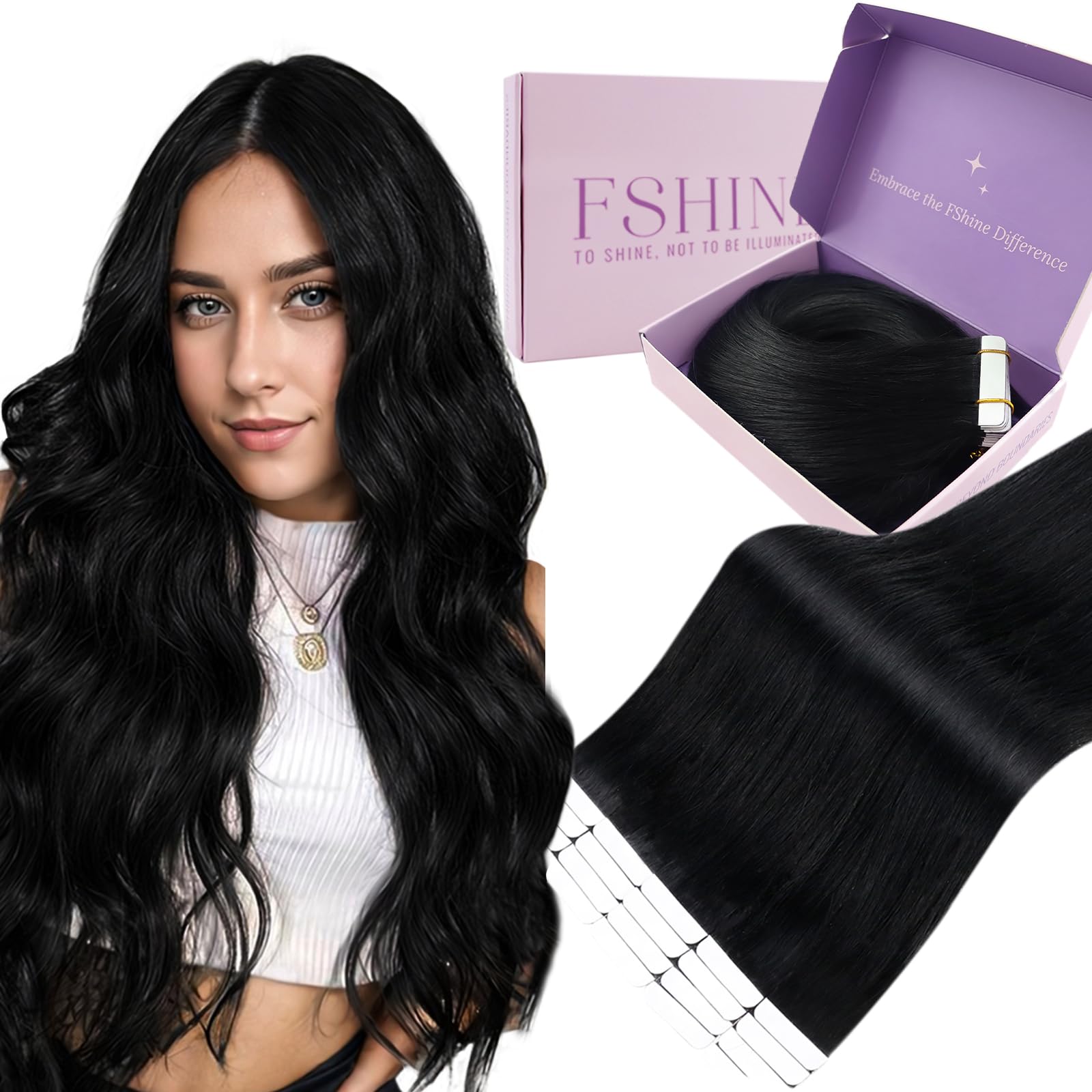 Fshine Extension Capelli 55 cm 50 g Nero Corvino Extension Biadesive Capelli Veri Tape Umani 20 pcs Extensions Veri Biadesivo Lisci Human Hair Matrimonio Colore 1