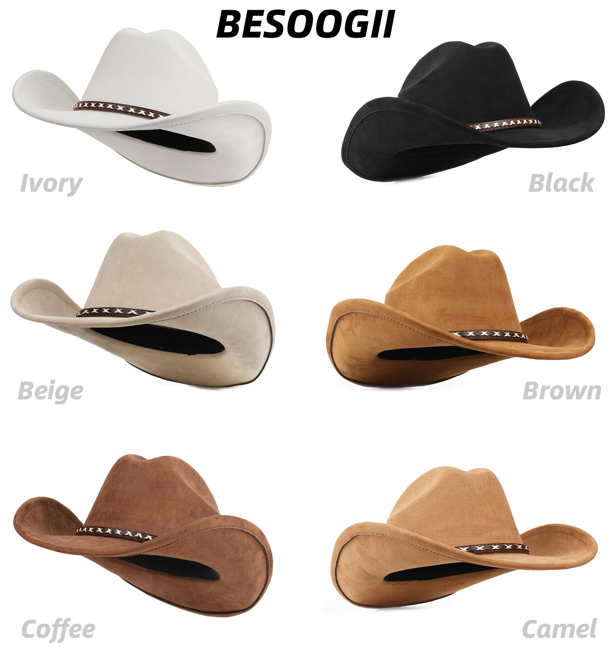 BESOOGII Sombrero de vaquero occidental para mujeres y hombres, unisex, de ala ancha, de fieltro para vaqueros y vaqueras