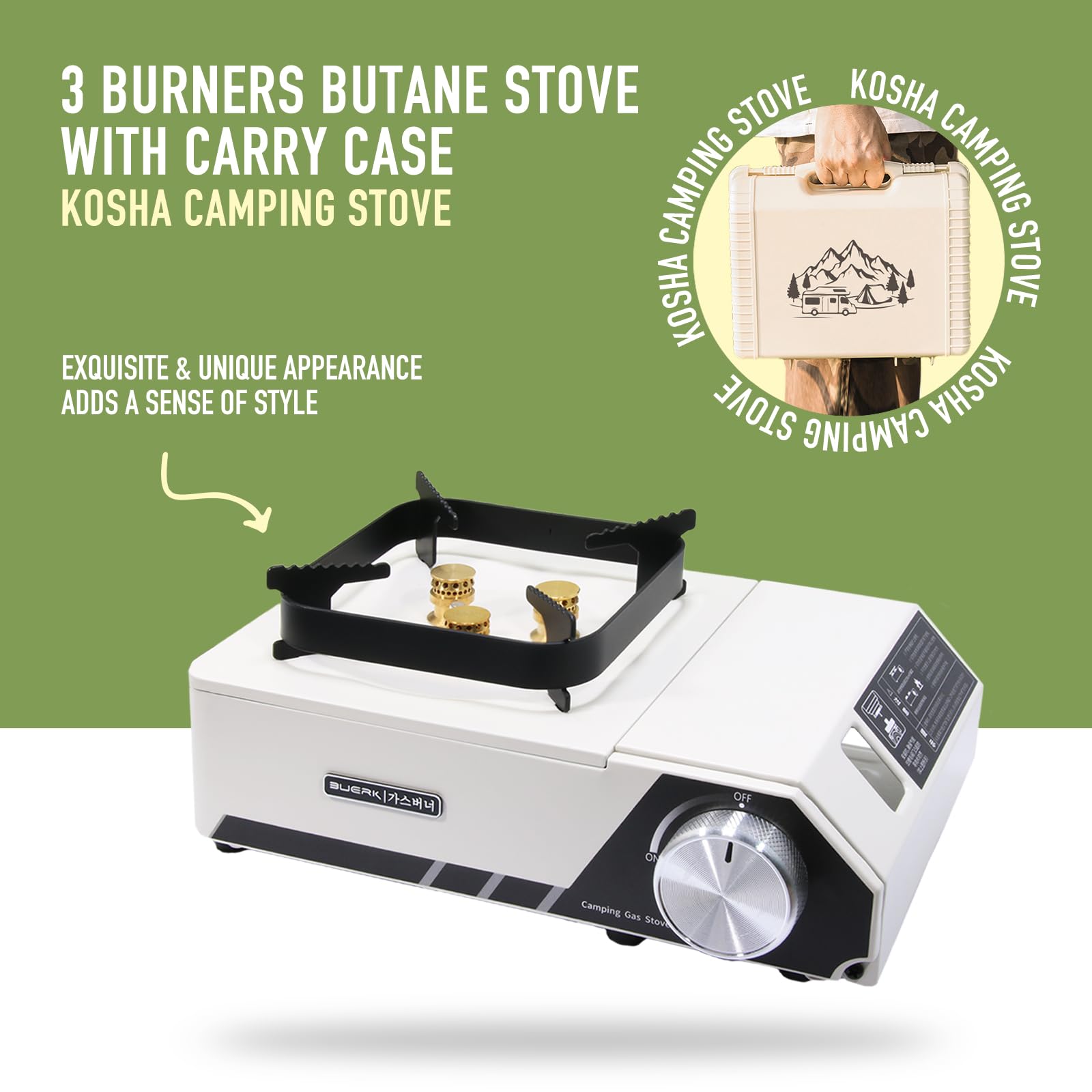 Portable Butane Gas Stove C3 – Infrared Burner Single Burner Camp Stove with Rear Heating Stand, White Countertop Cooktop for Outdoor Camping, Fishing, RV, Coffee, Heating