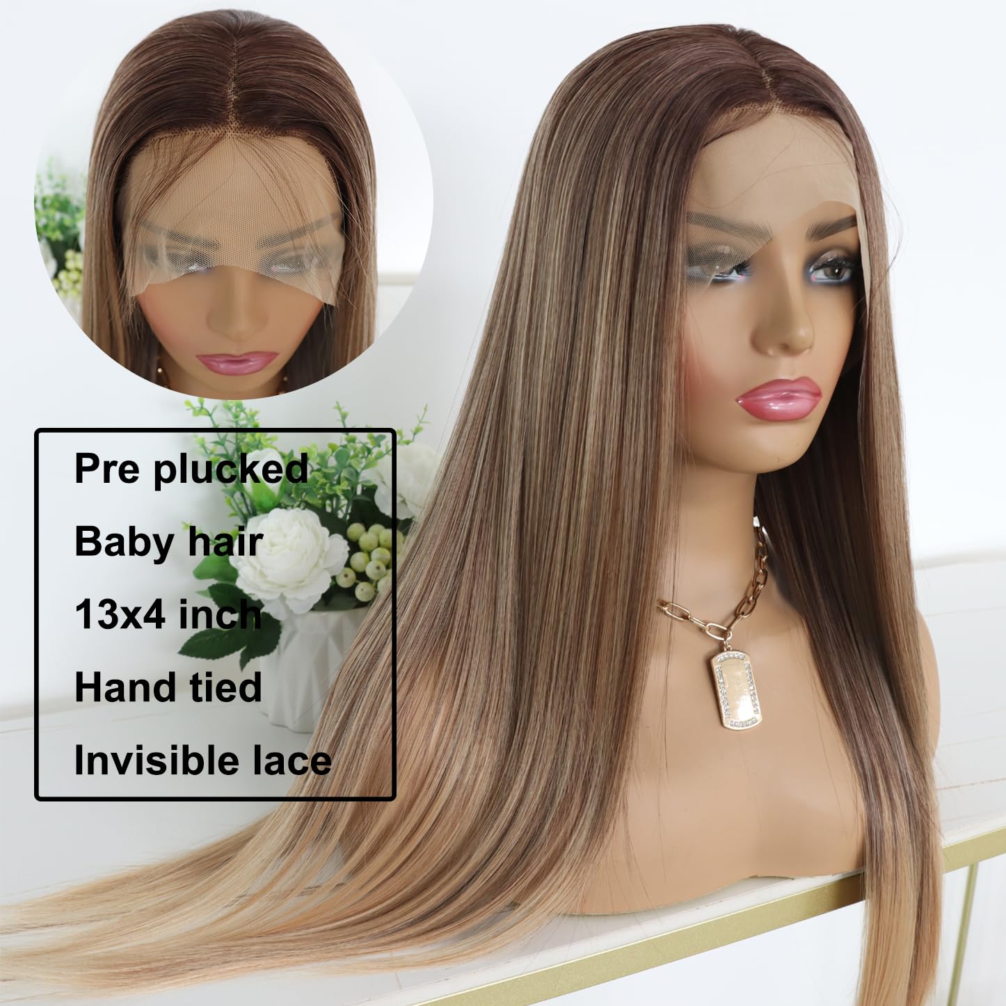 24” Straight 3 Tone Colored Lace Front Wig Amazon.com : MACA BAKA 3 Tone Ombre Brown Synthetic Lace  main image 3